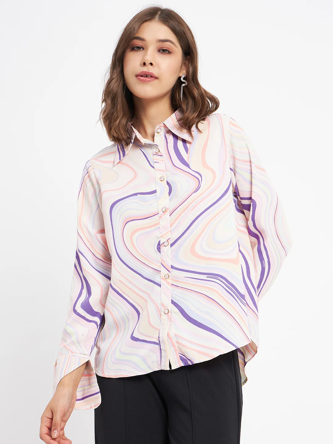 Madame Marble Print Collared Off White Shirt - Image 3
