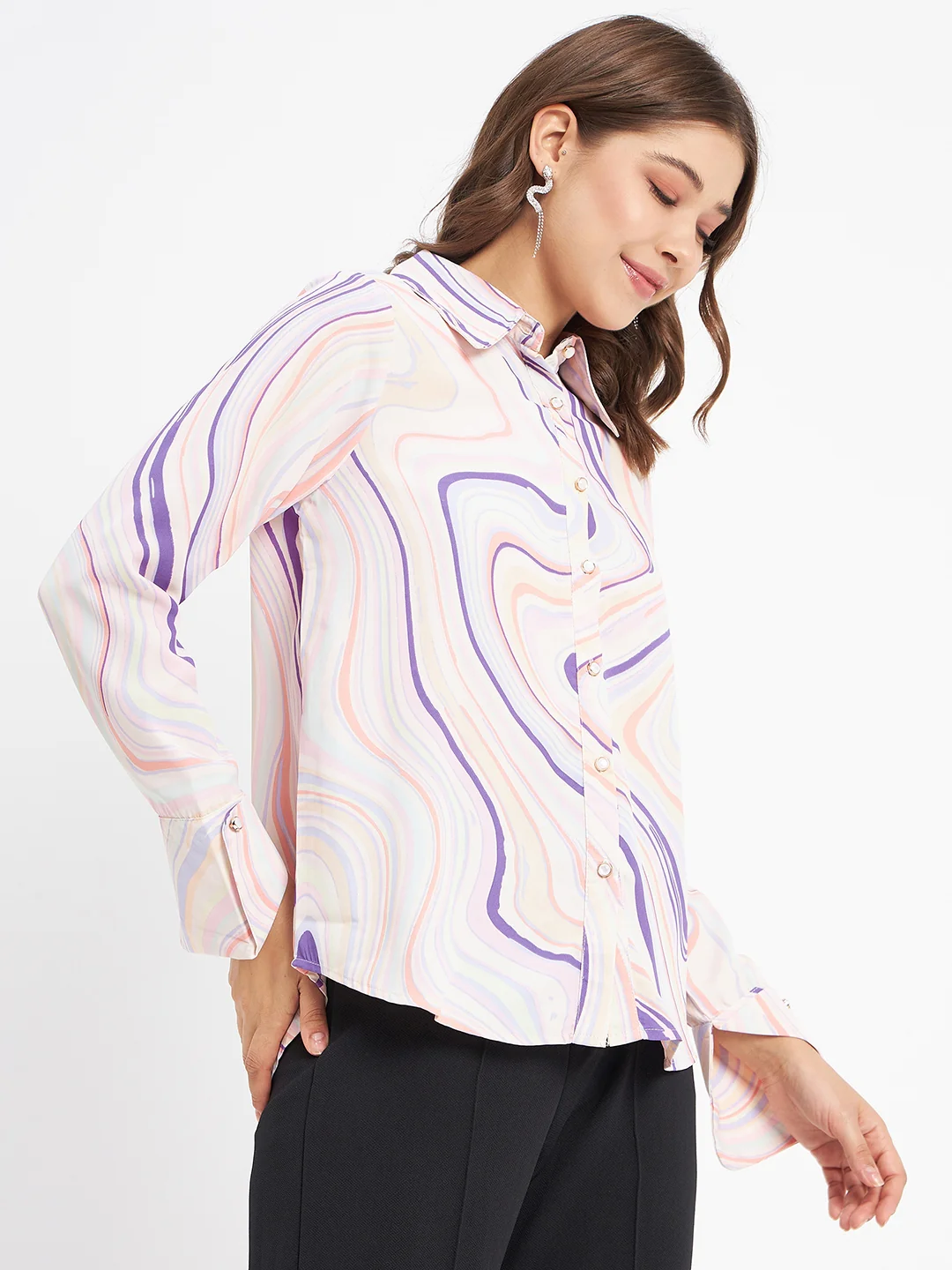 Madame Marble Print Collared Off White Shirt - Image 4