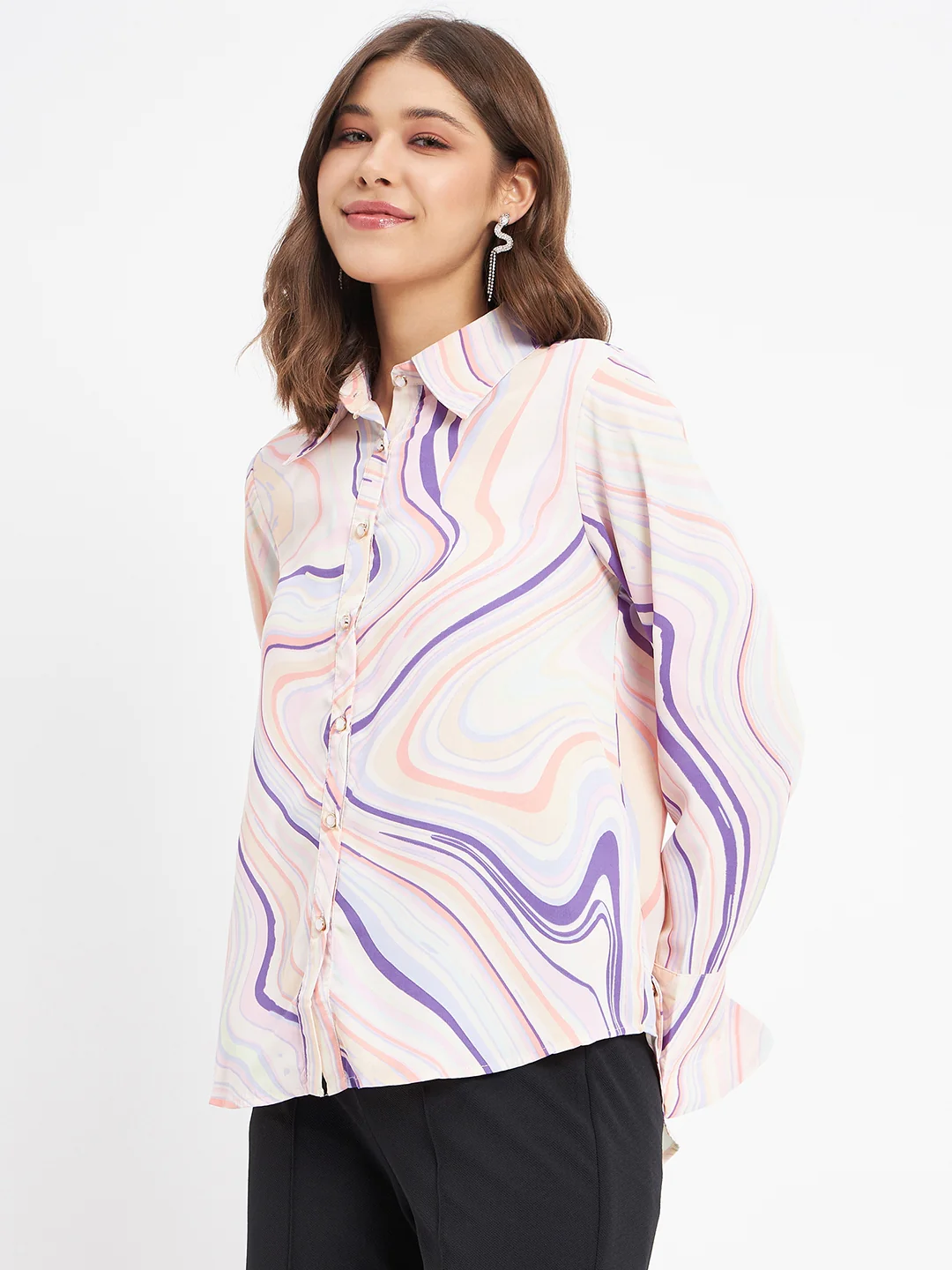 Madame Marble Print Collared Off White Shirt - Image 5