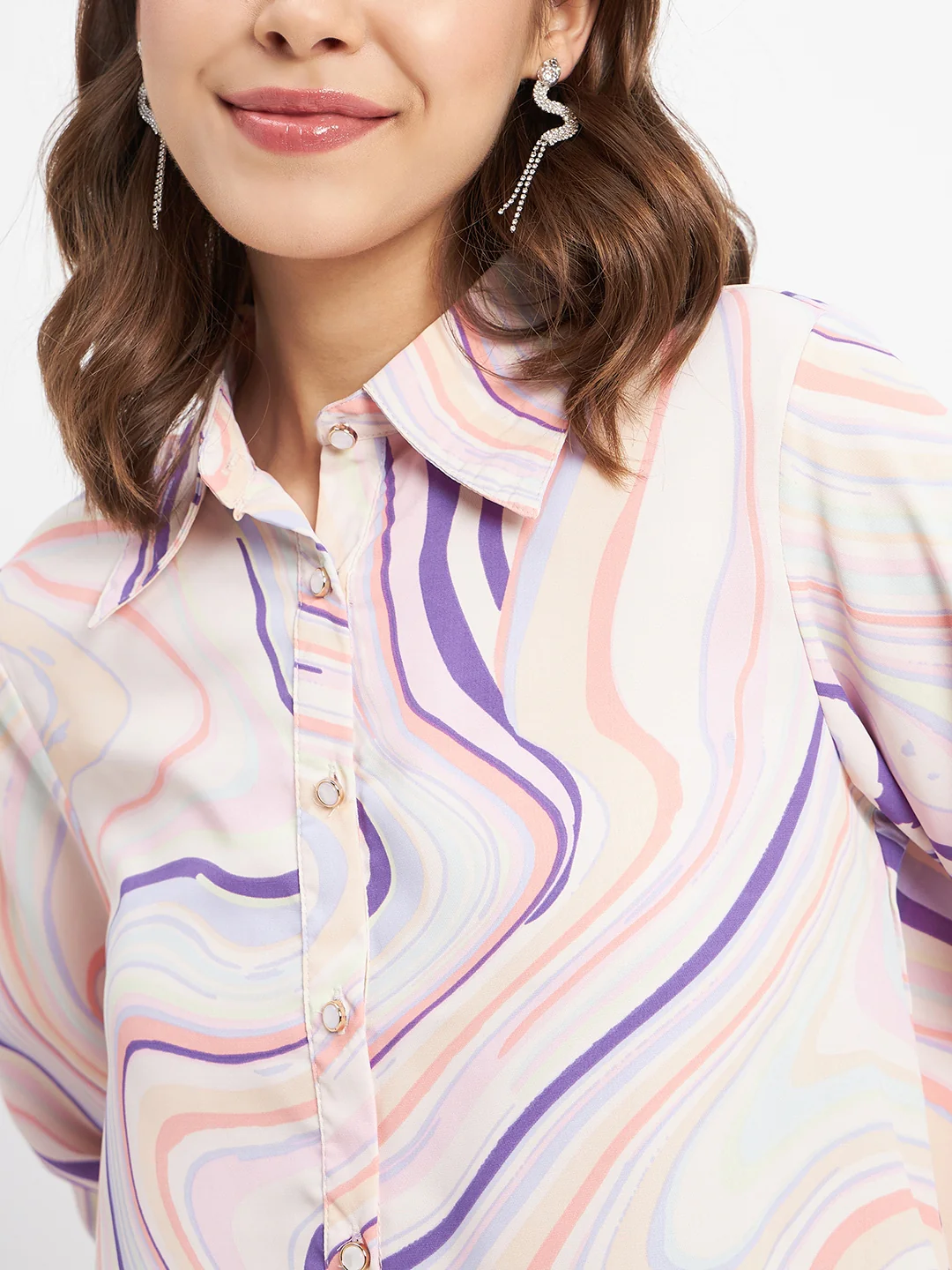 Madame Marble Print Collared Off White Shirt - Image 7