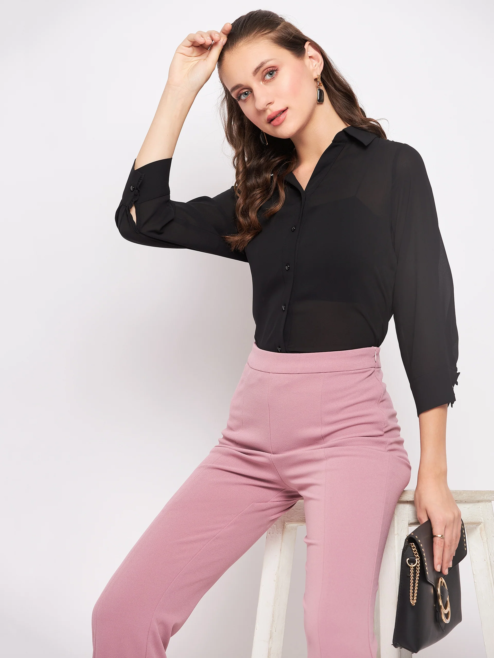 Madame Quarter Sleeve Black Semi Sheer Shirt