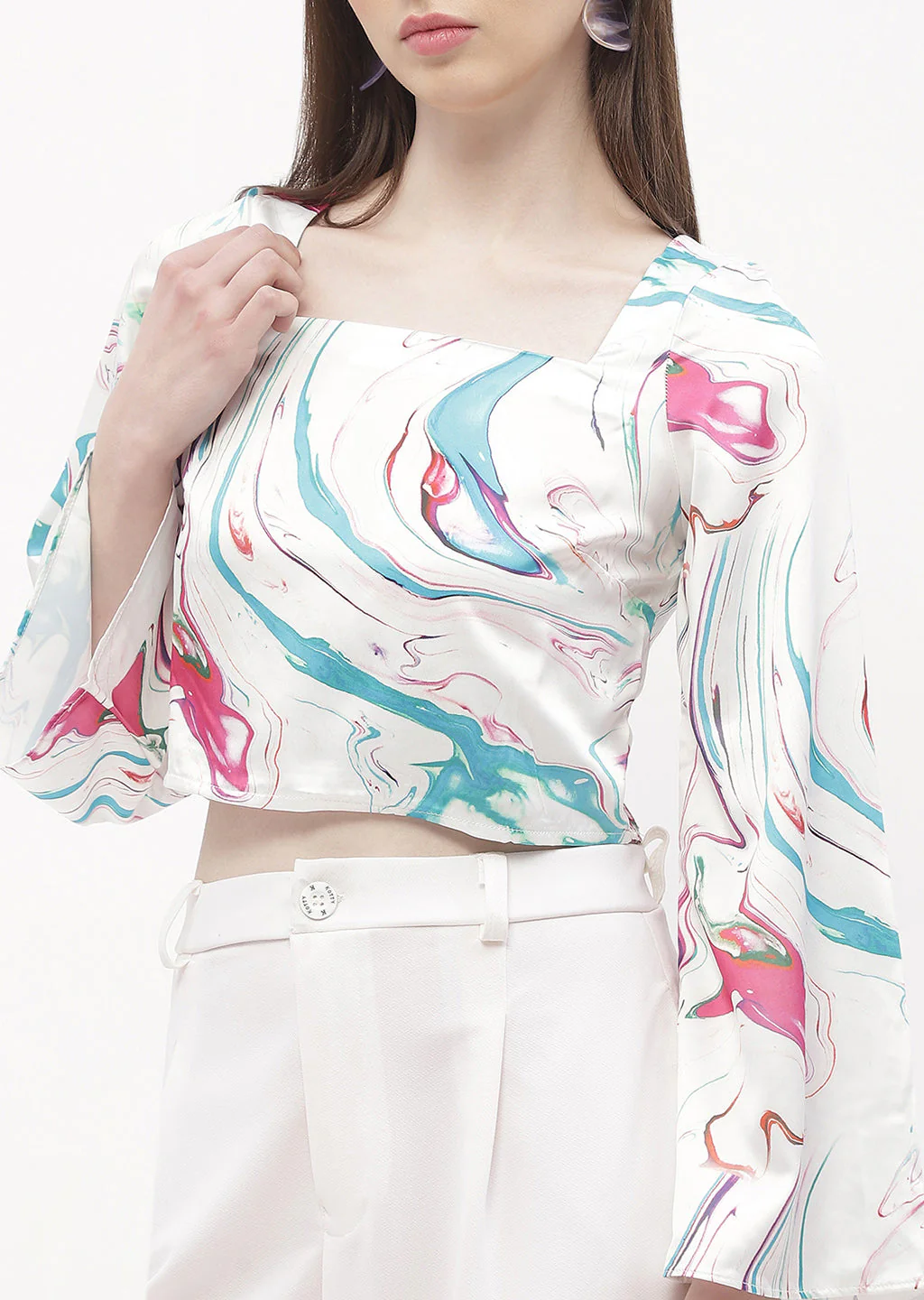 Madame Abstract Print Off-White Bell Sleeve Crop Top - Image 2