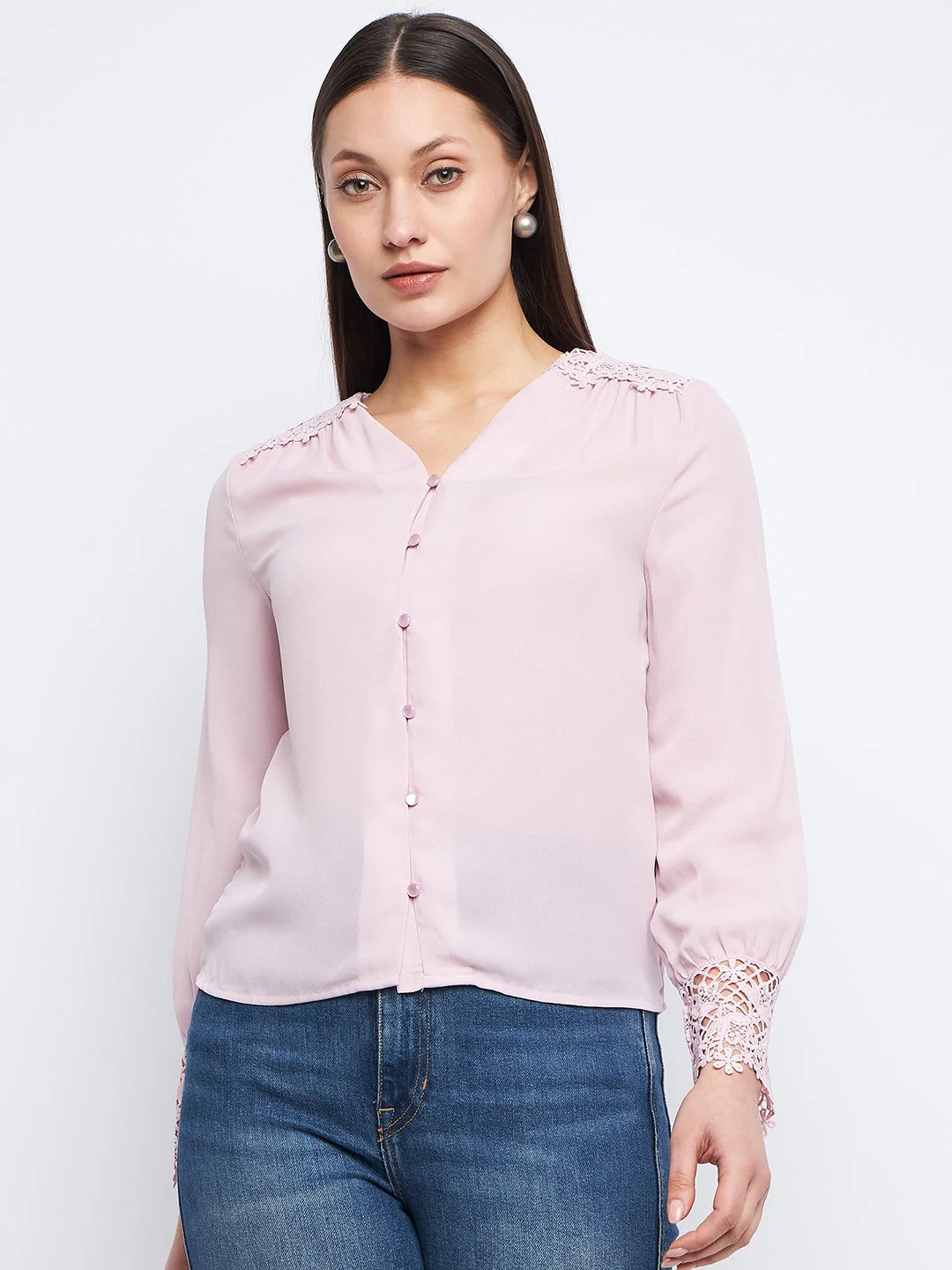 Madame Lace Detailed Onion Pink V-Neck Shirt