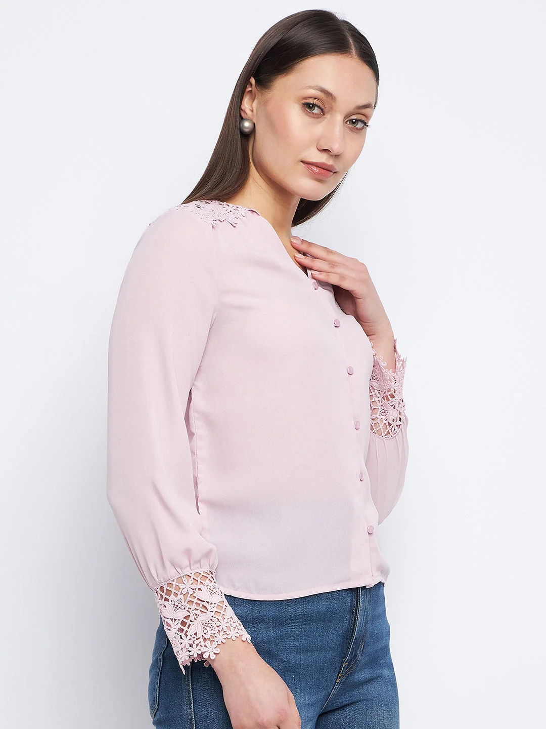 Madame Lace Detailed Onion Pink V-Neck Shirt - Image 6