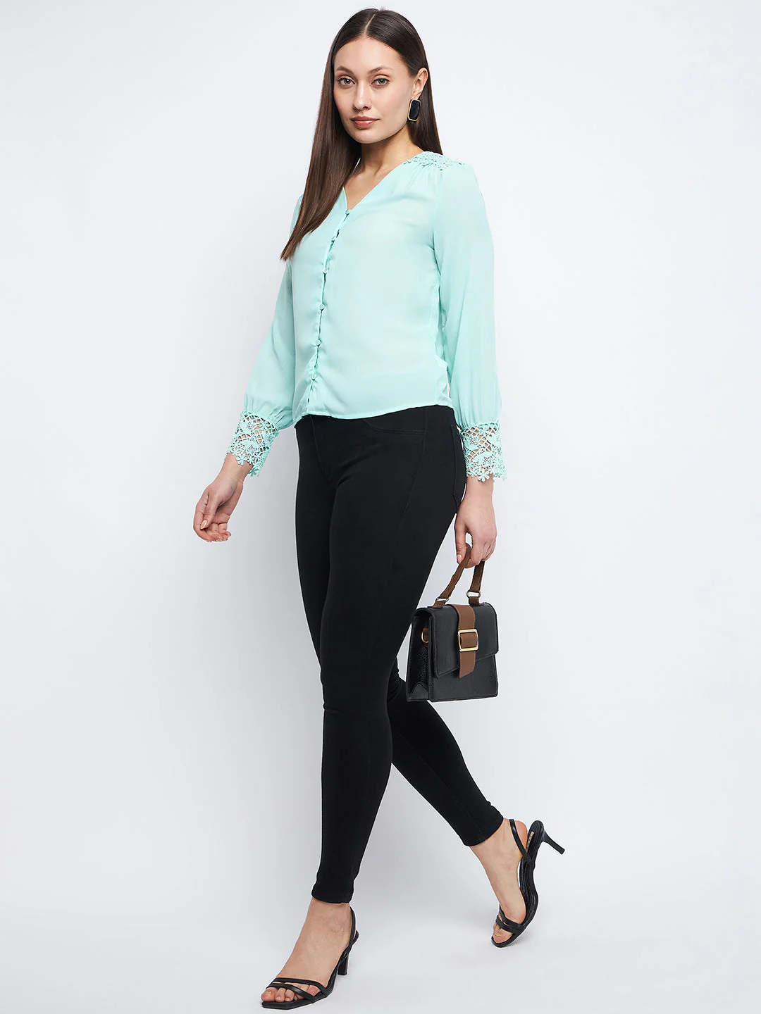 Madame Lace Detailed Sea Green V-Neck Shirt - Image 2