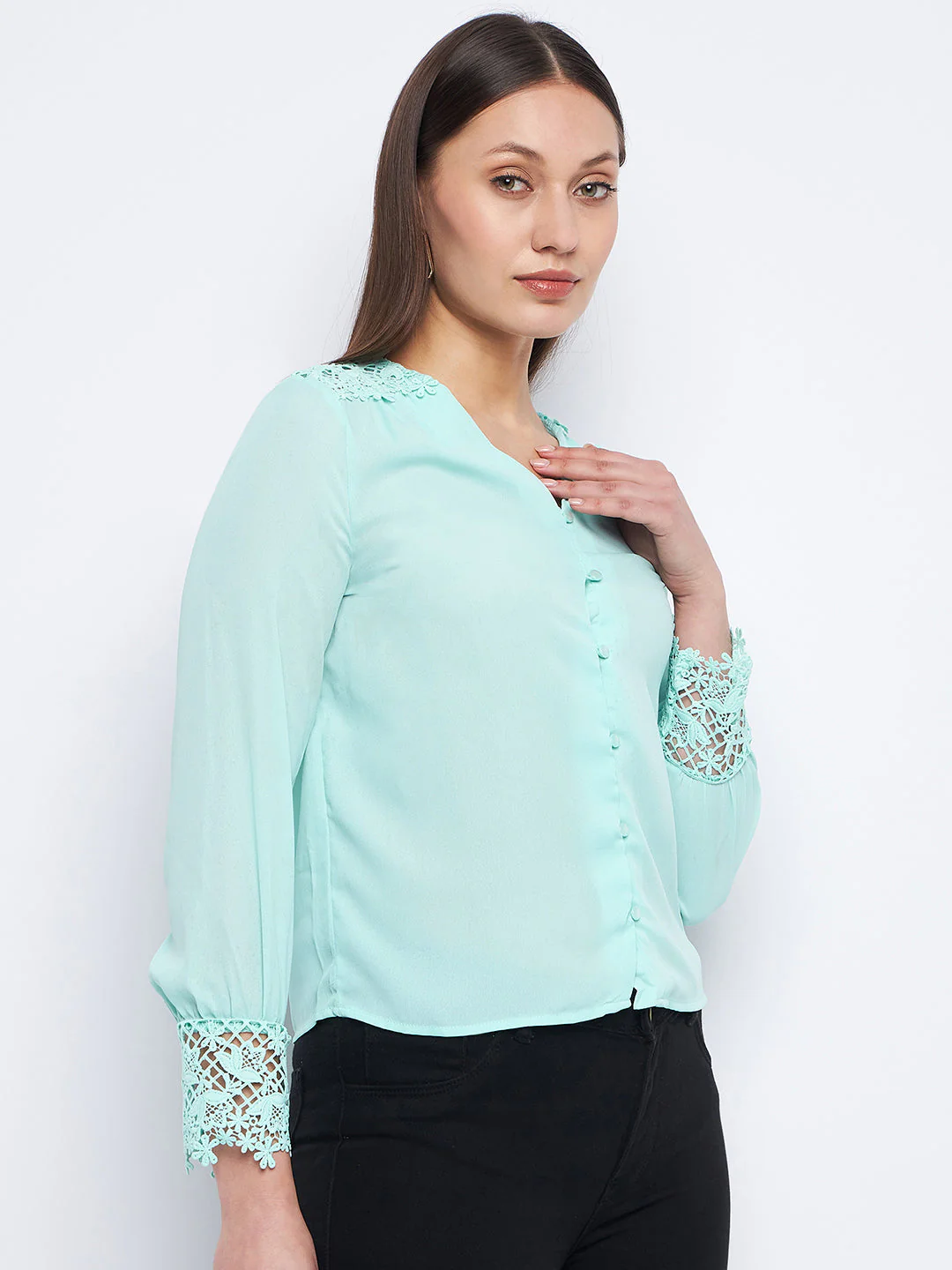 Madame Lace Detailed Sea Green V-Neck Shirt - Image 4