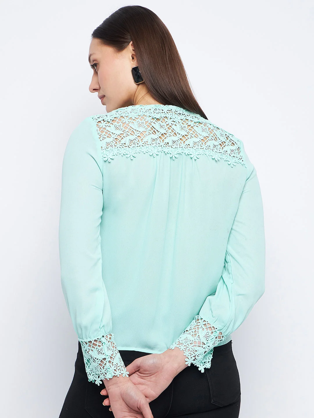 Madame Lace Detailed Sea Green V-Neck Shirt - Image 5