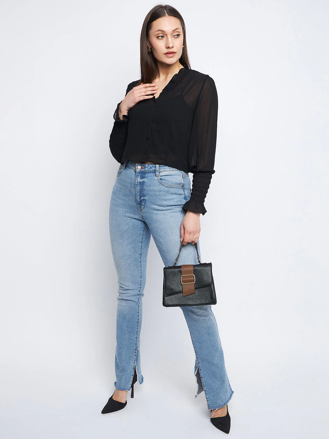 Madame Ruched Black Poet Sleeve Top - Image 2