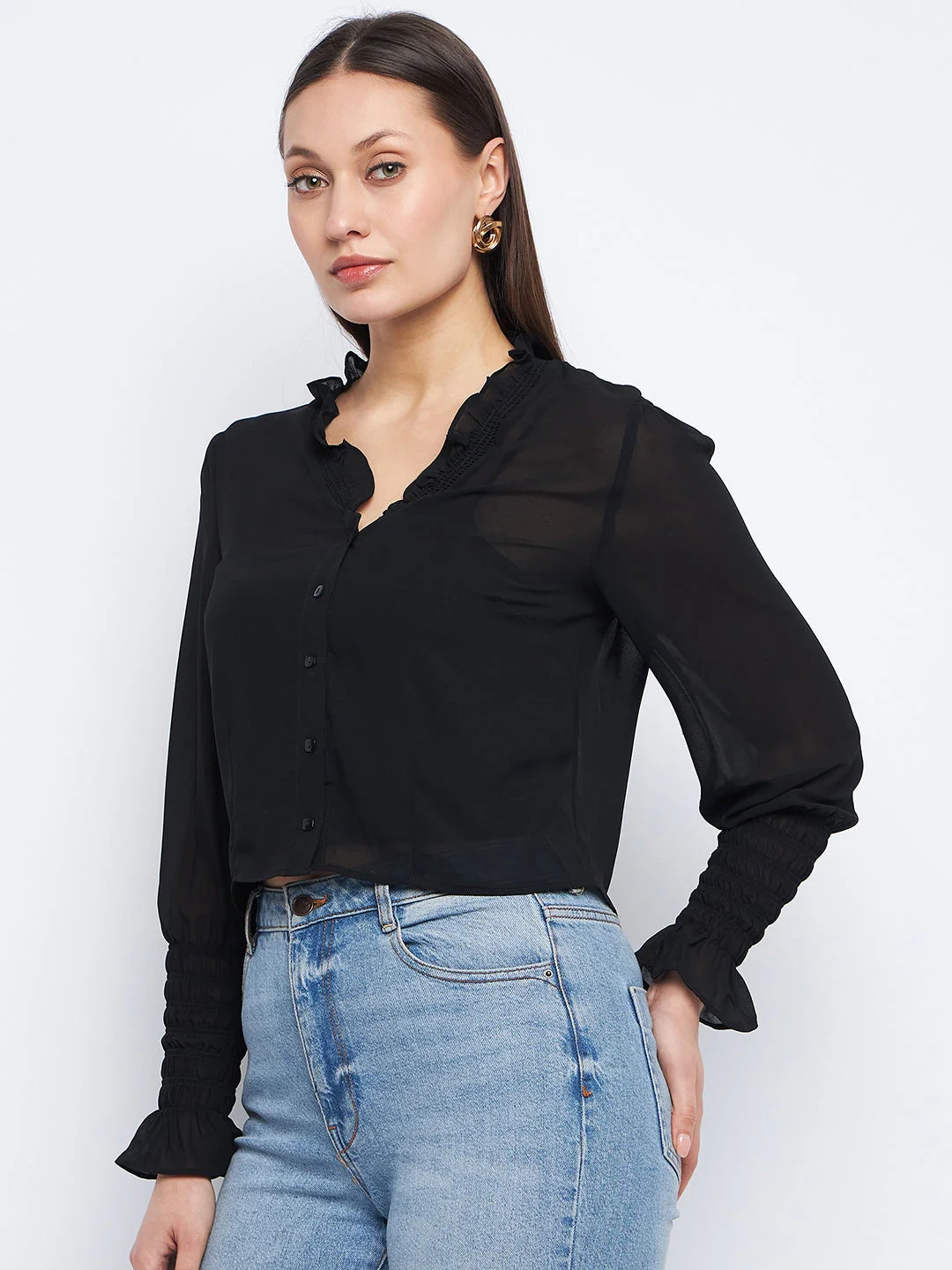 Madame Ruched Black Poet Sleeve Top - Image 3
