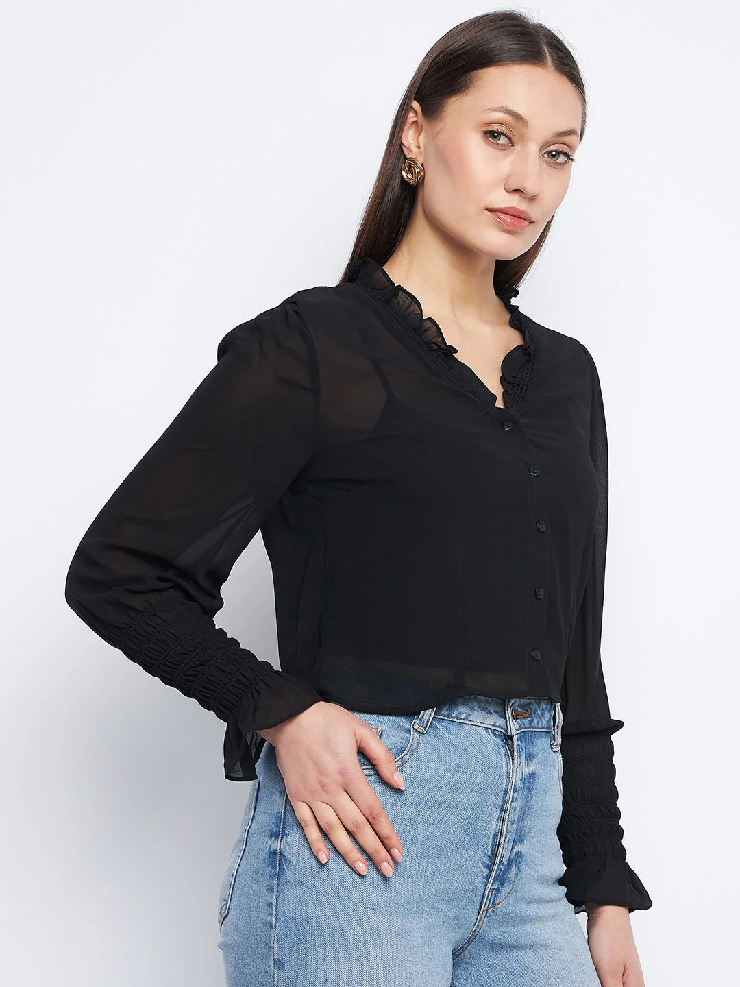 Madame Ruched Black Poet Sleeve Top - Image 4