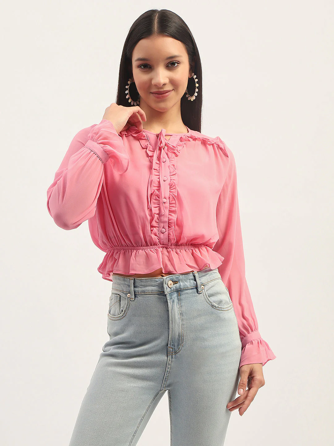 Madame Pink Ruffle Detailing Peplum Top - Image 4