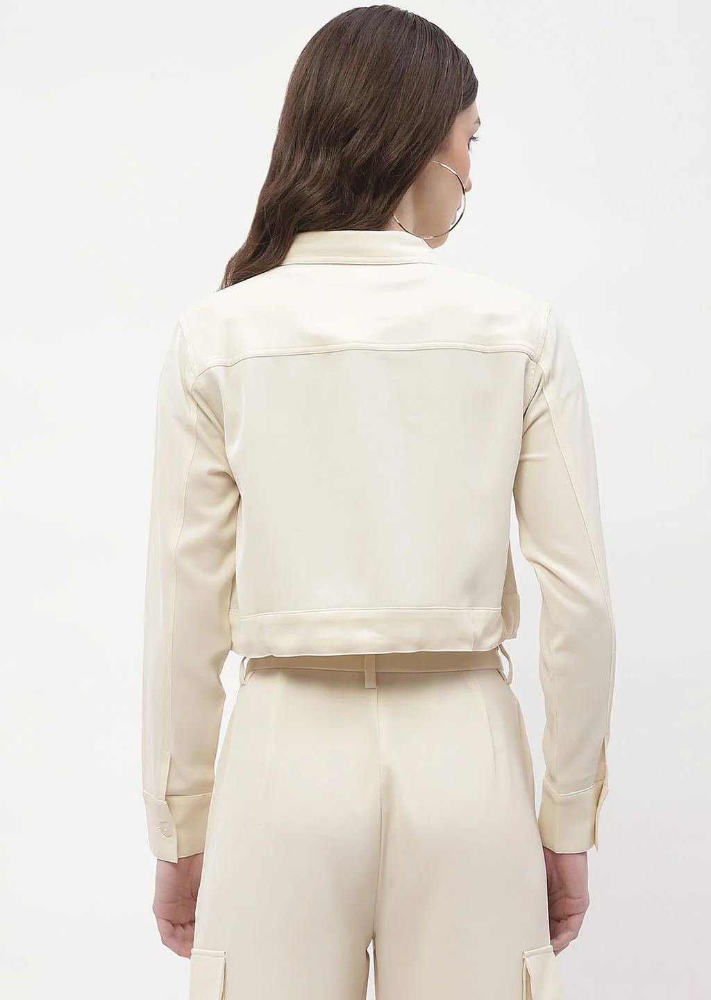Madame Drawstring Waist Beige Flap Pocket Crop Shirt - Image 3