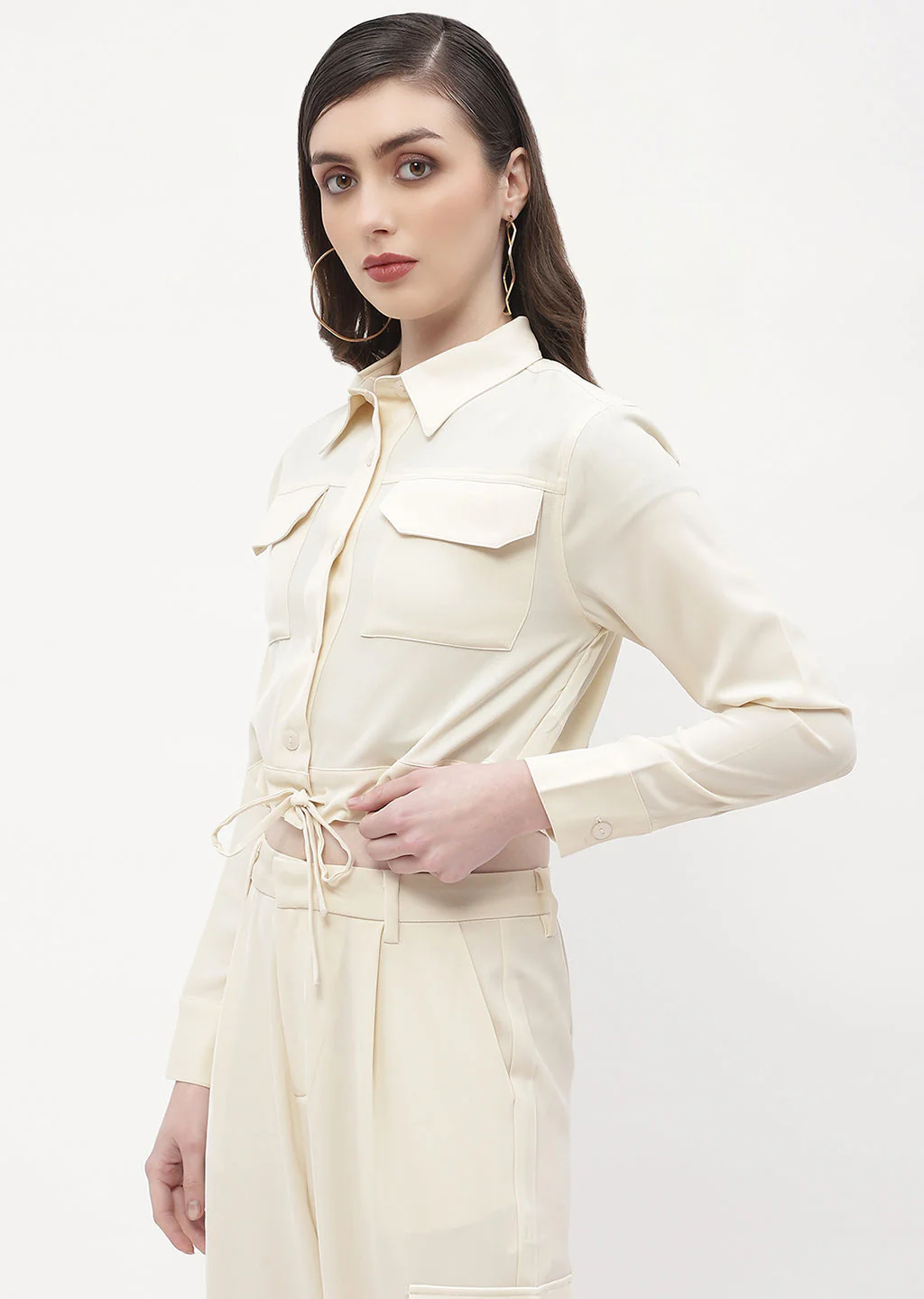 Madame Drawstring Waist Beige Flap Pocket Crop Shirt - Image 4
