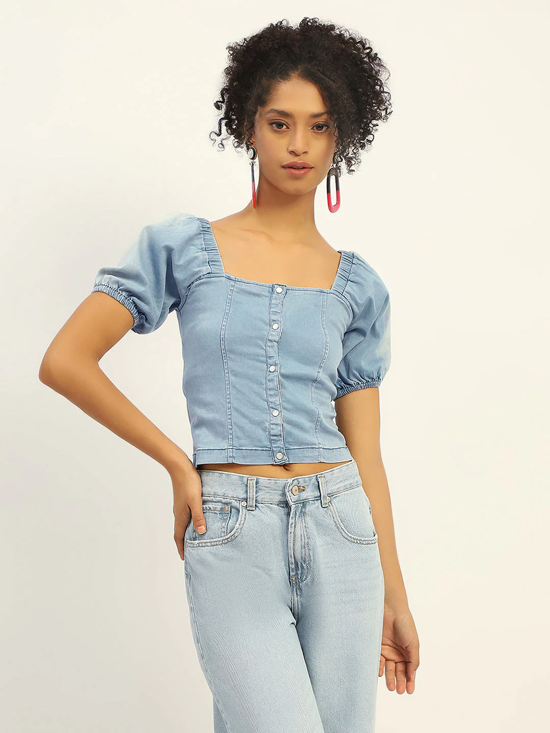 Madame Square Neck Front Button Ice Blue Denim Top - Image 2