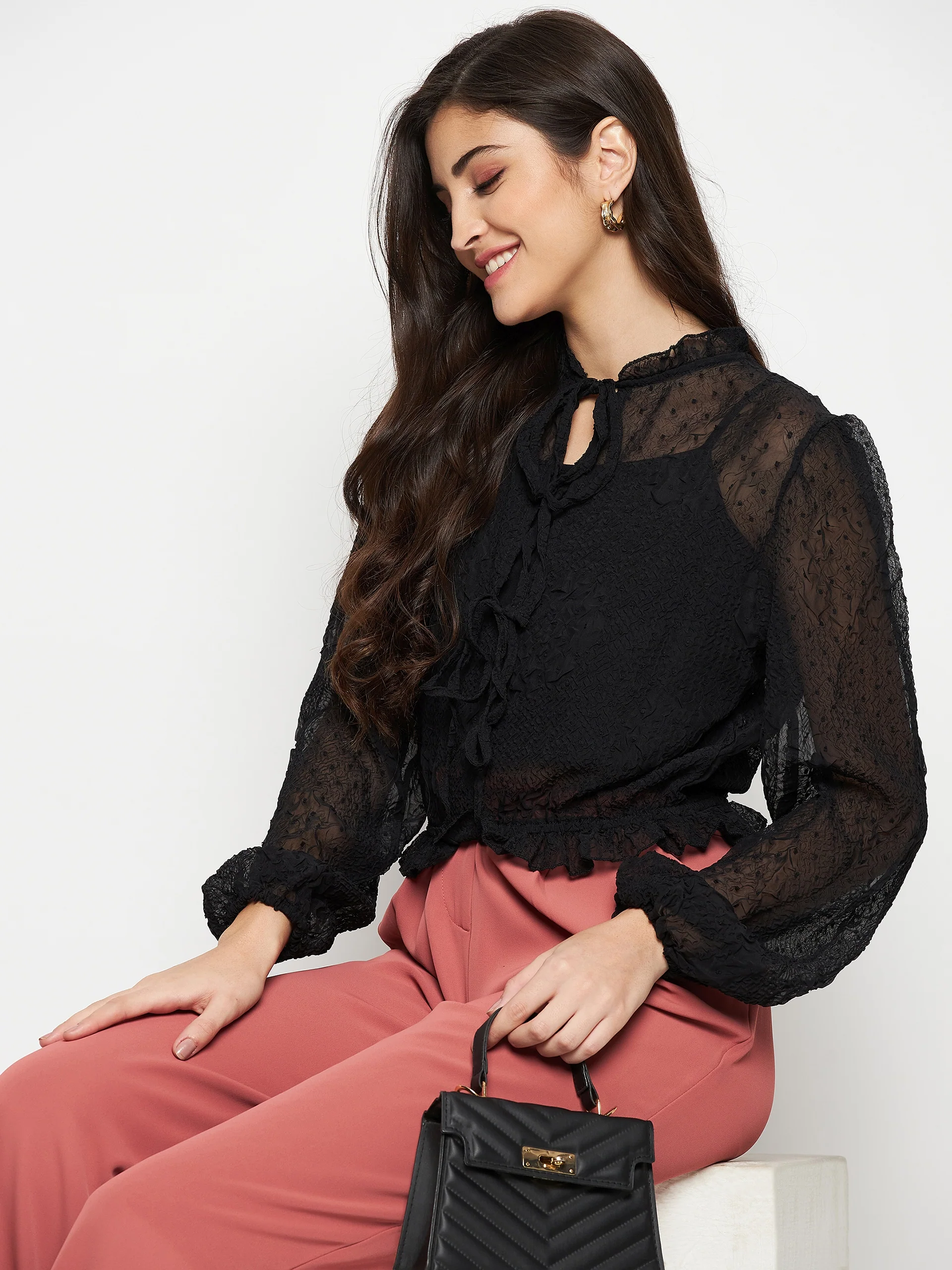 Madame Textured Swiss Dot Detail Black Peplum Top - Image 3