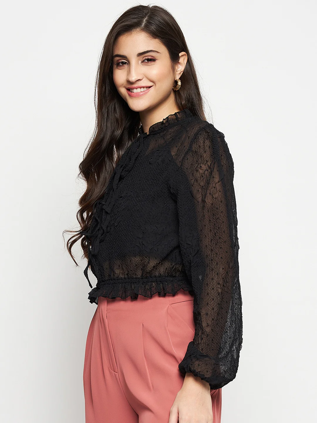 Madame Textured Swiss Dot Detail Black Peplum Top - Image 4