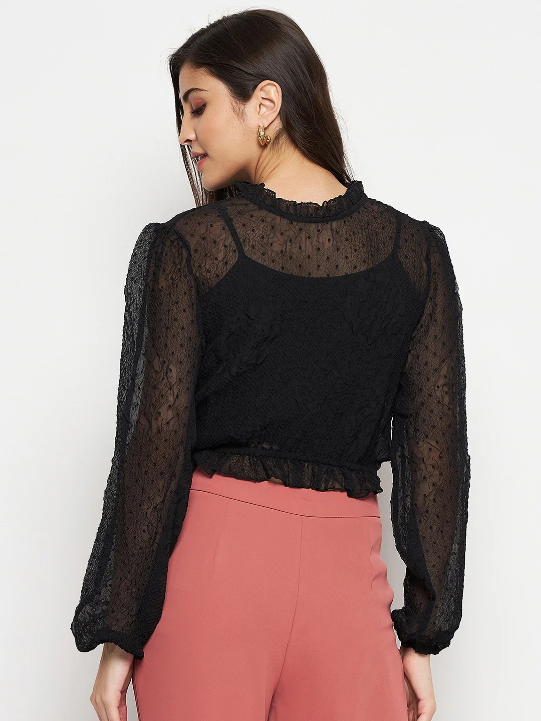 Madame Textured Swiss Dot Detail Black Peplum Top - Image 7