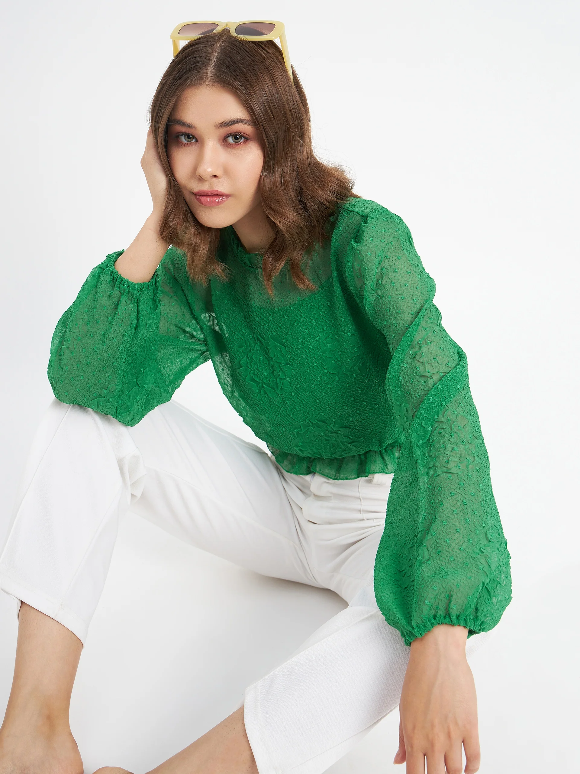 Madame Textured Swiss Dot Detail Green Peplum Top
