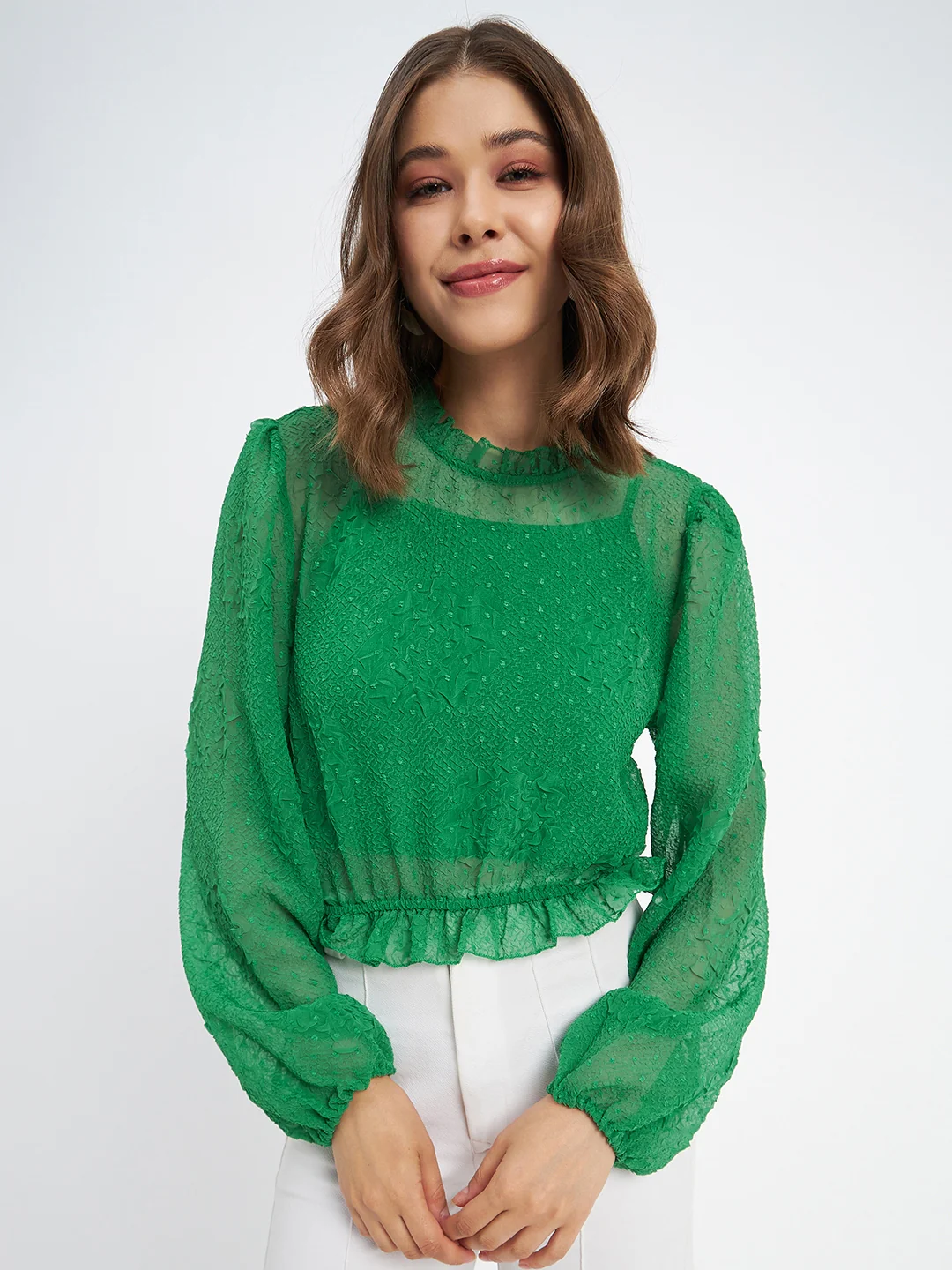 Madame Textured Swiss Dot Detail Green Peplum Top - Image 2