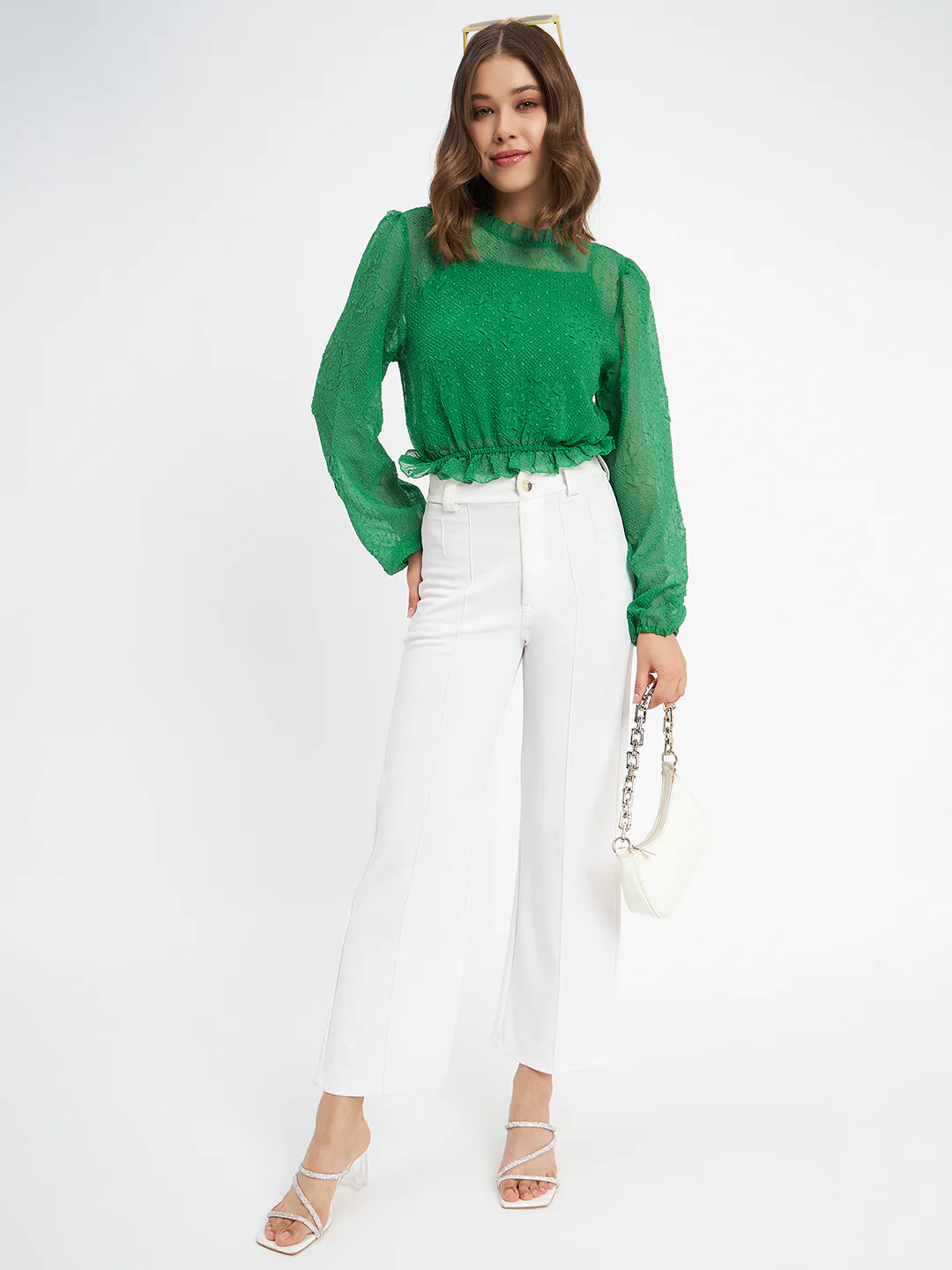 Madame Textured Swiss Dot Detail Green Peplum Top - Image 3