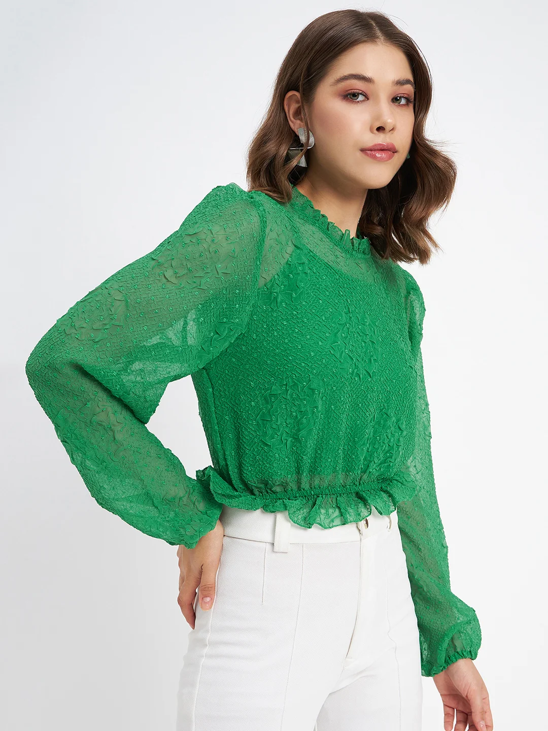 Madame Textured Swiss Dot Detail Green Peplum Top - Image 4