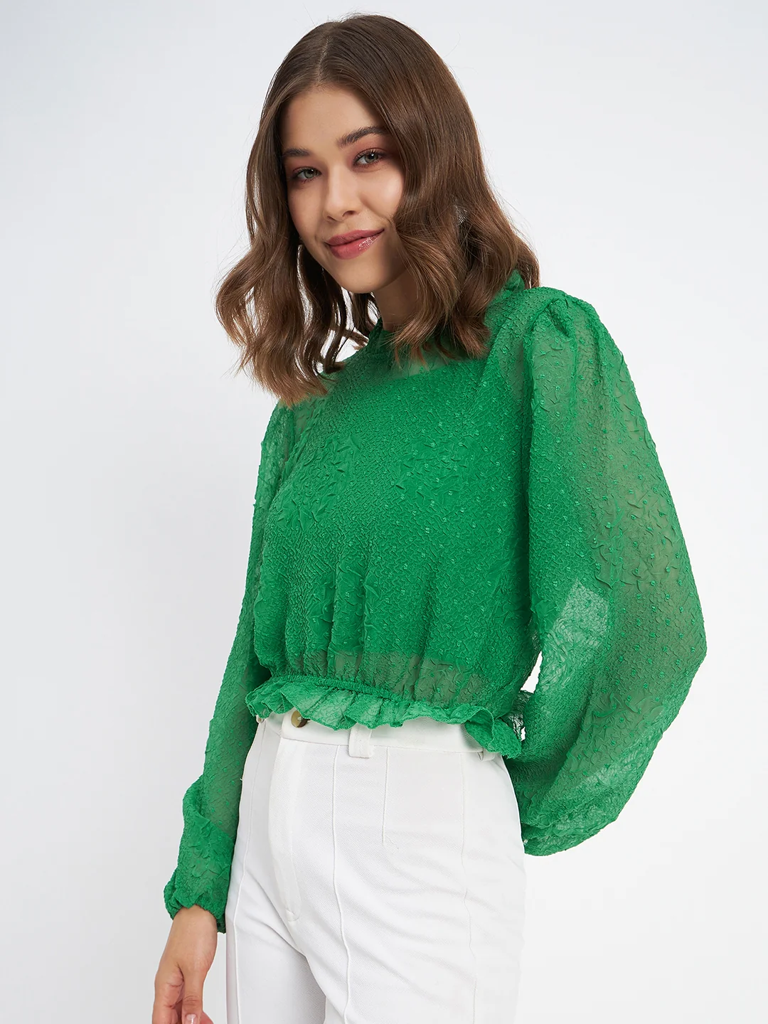 Madame Textured Swiss Dot Detail Green Peplum Top - Image 5