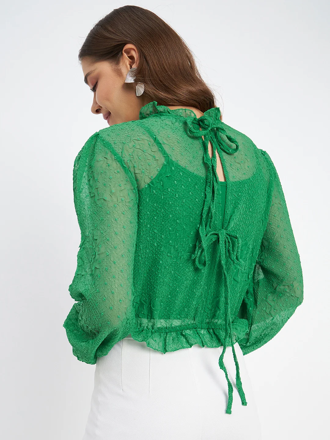 Madame Textured Swiss Dot Detail Green Peplum Top - Image 6