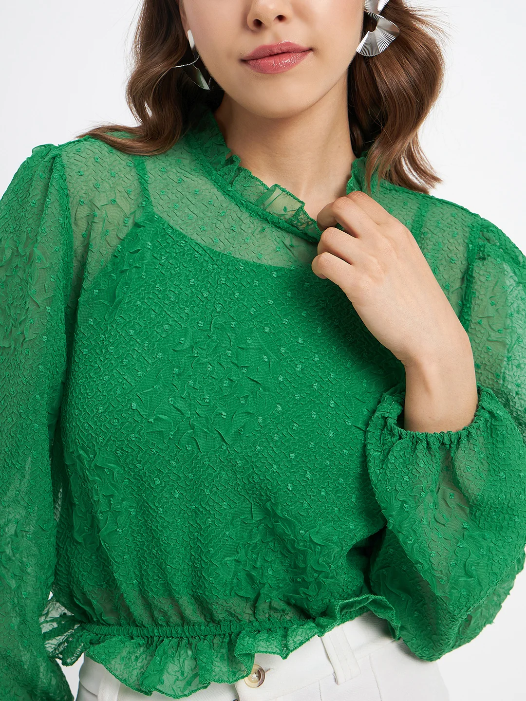Madame Textured Swiss Dot Detail Green Peplum Top - Image 7