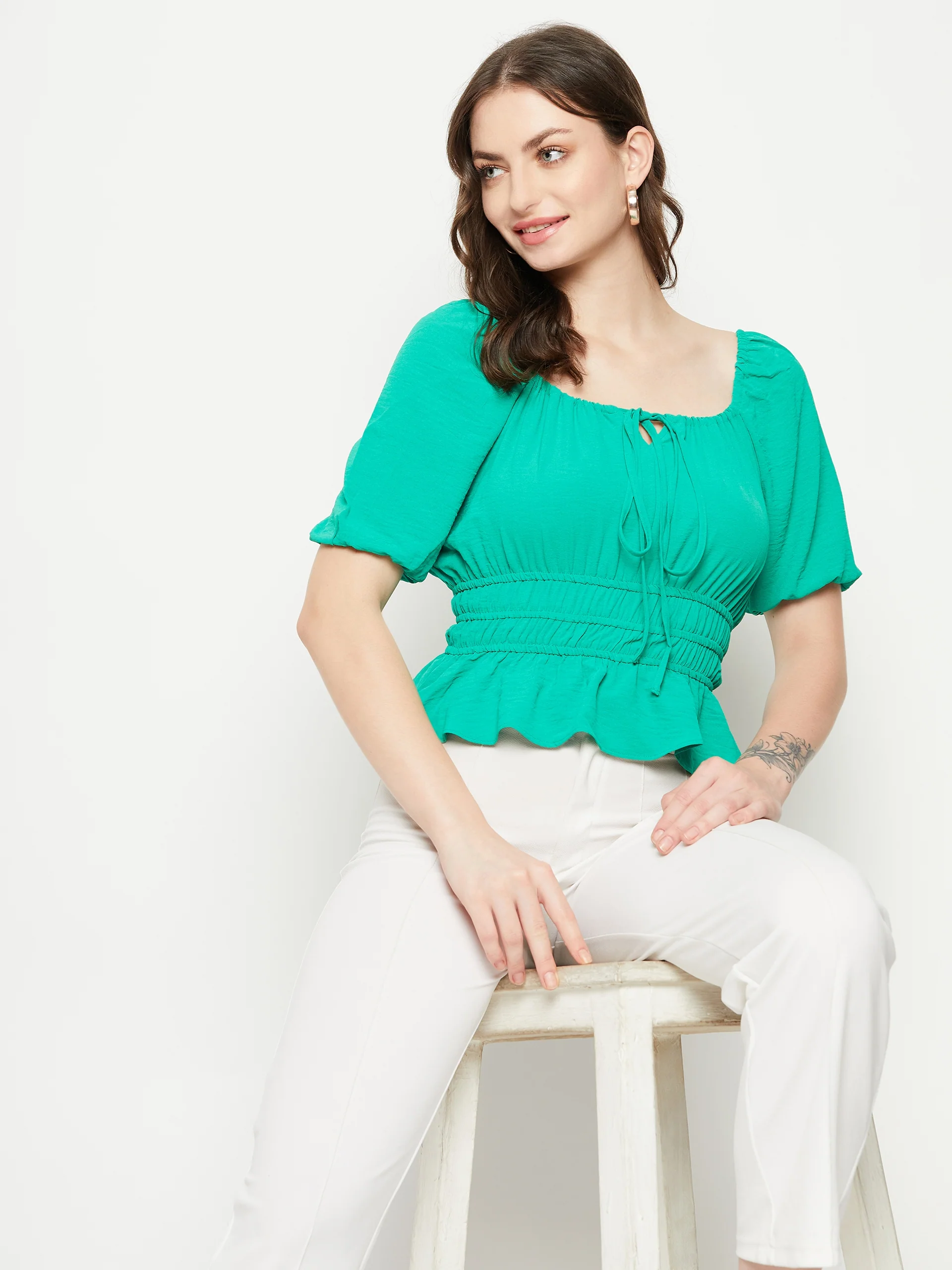 Madame Ruched Waist Tie-Front Green Peplum Top