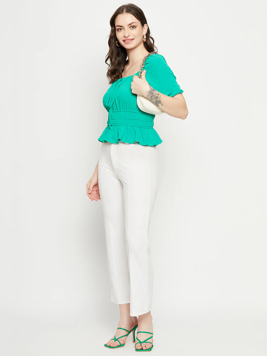 Madame Ruched Waist Tie-Front Green Peplum Top - Image 2