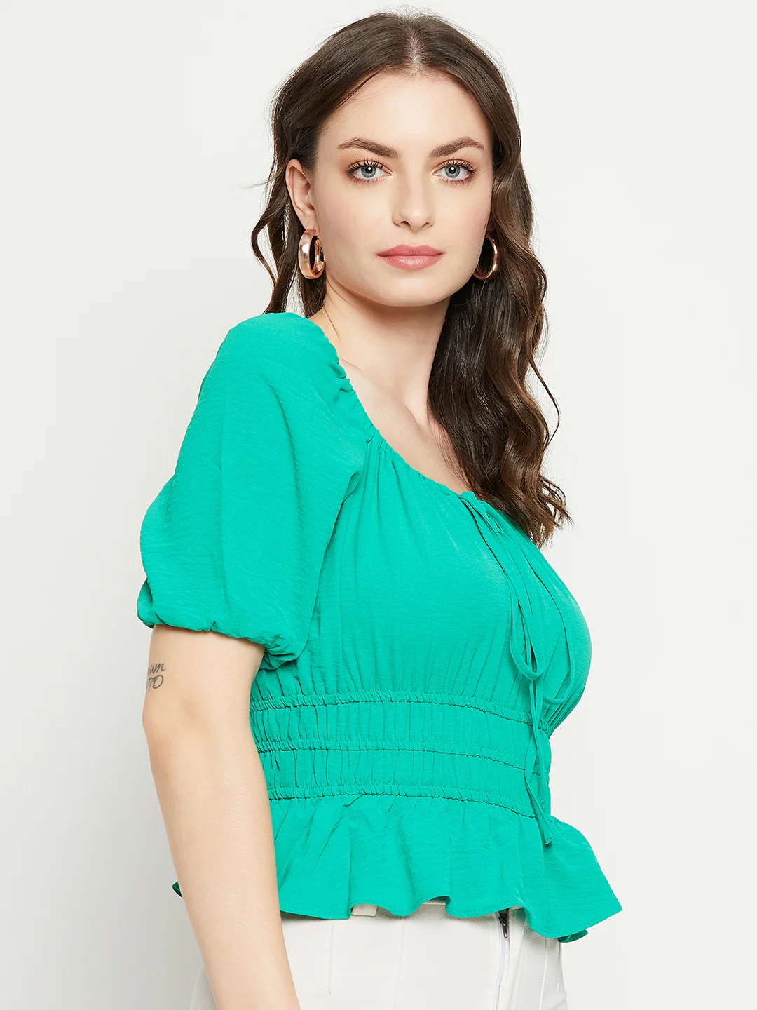 Madame Ruched Waist Tie-Front Green Peplum Top - Image 4