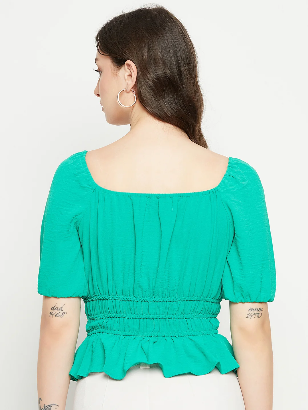 Madame Ruched Waist Tie-Front Green Peplum Top - Image 6
