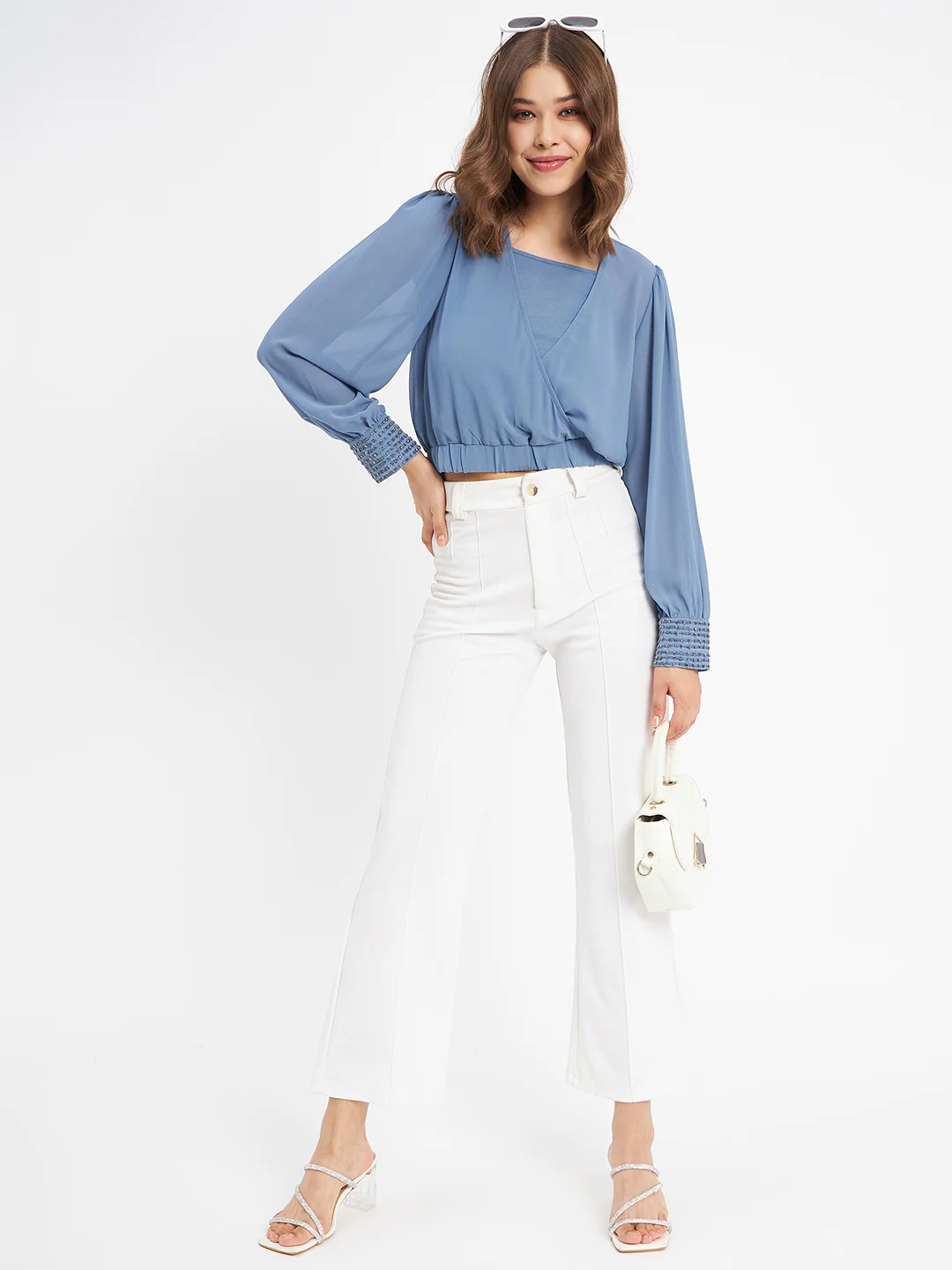 Madame Elasticated Hem Blue Wrap Crop Top - Image 2