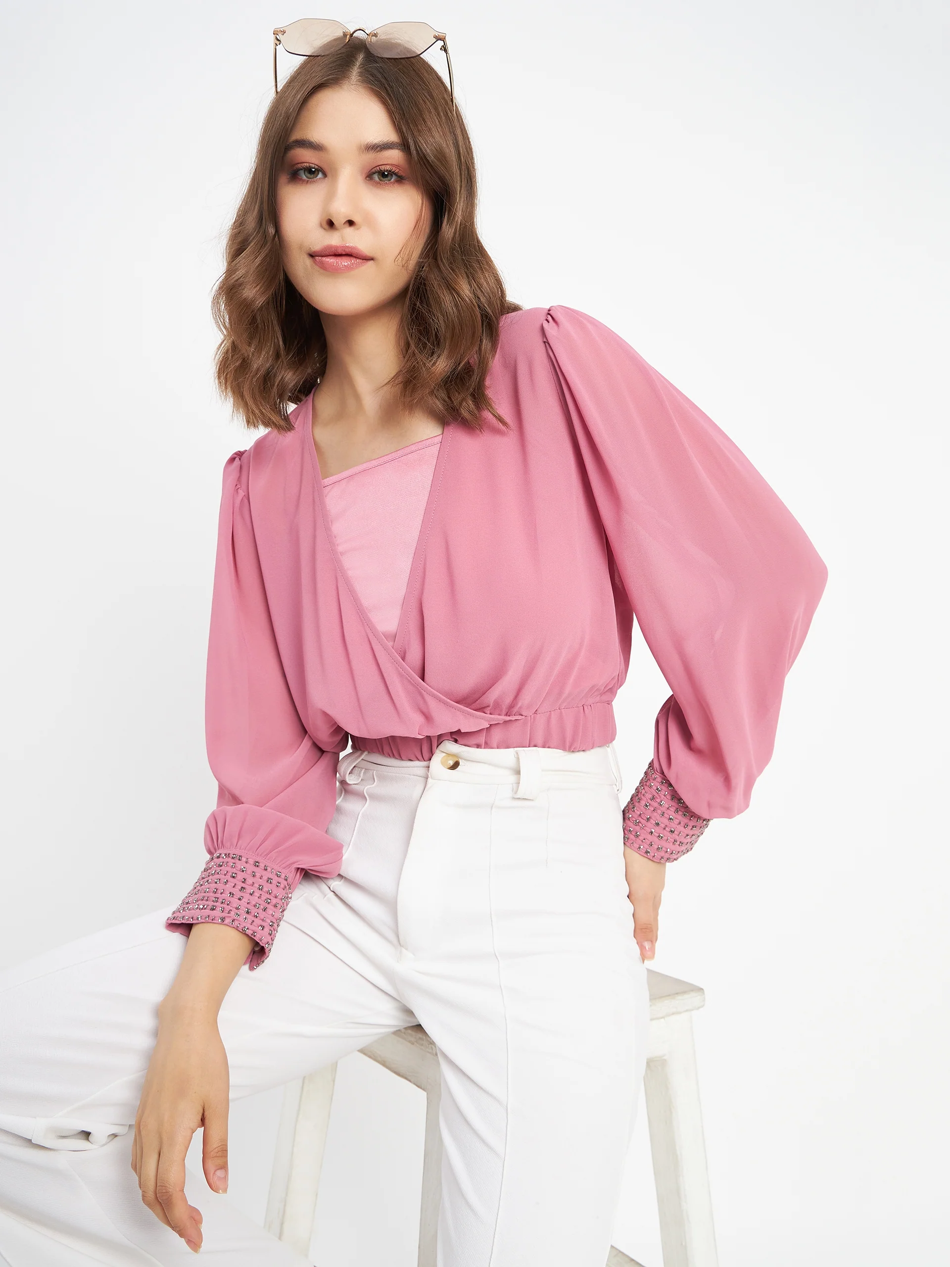 Madame Elasticated Hem Pink Wrap Crop Top