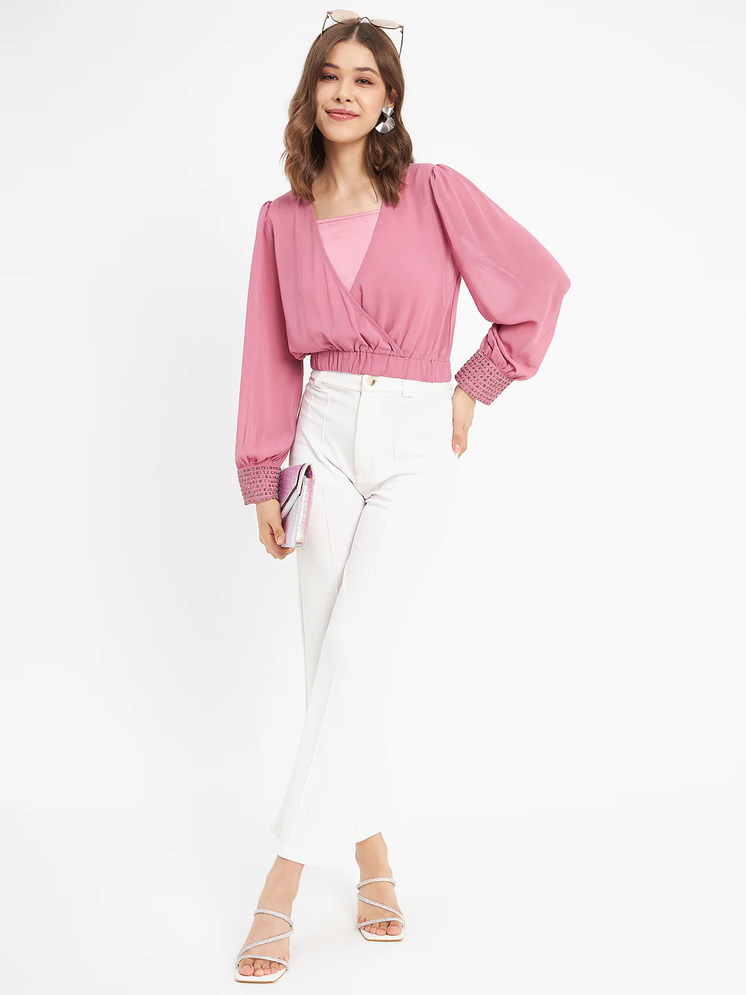 Madame Elasticated Hem Pink Wrap Crop Top - Image 2