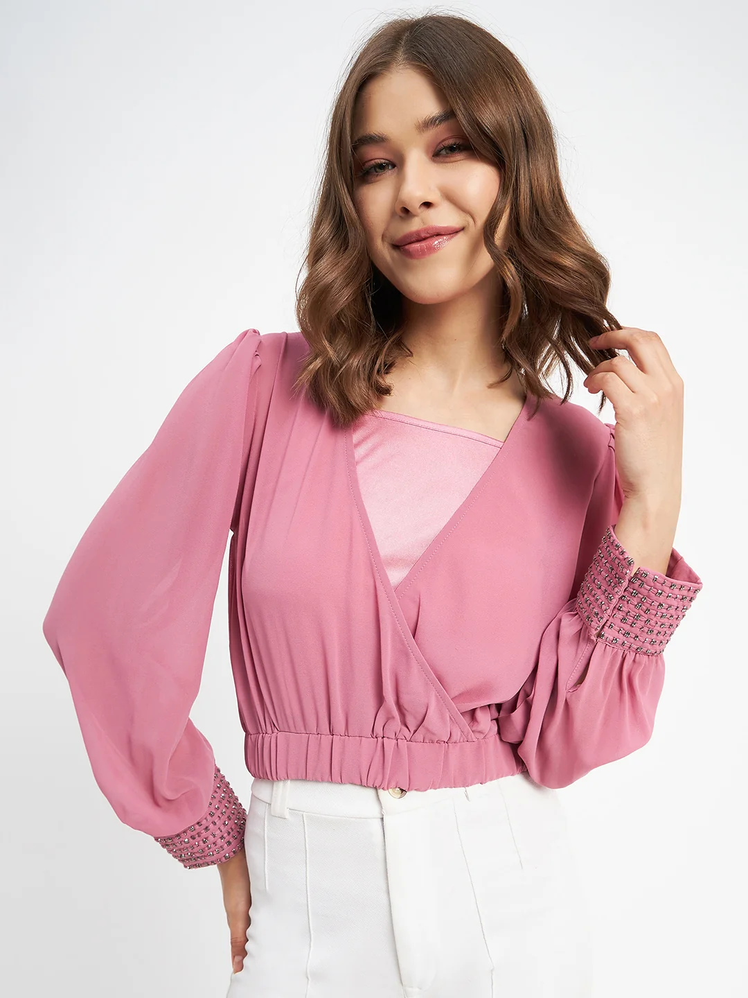 Madame Elasticated Hem Pink Wrap Crop Top - Image 3