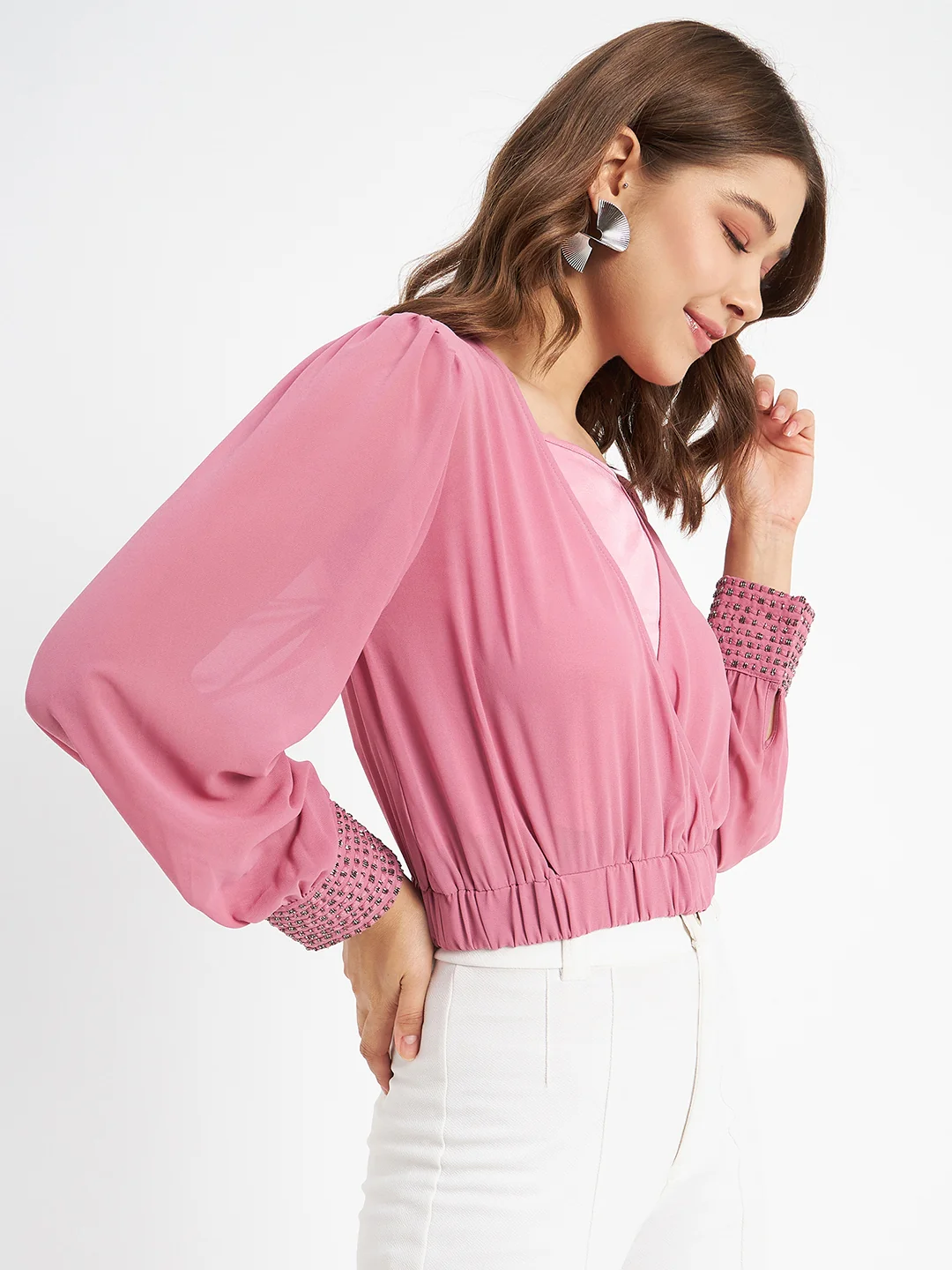 Madame Elasticated Hem Pink Wrap Crop Top - Image 4