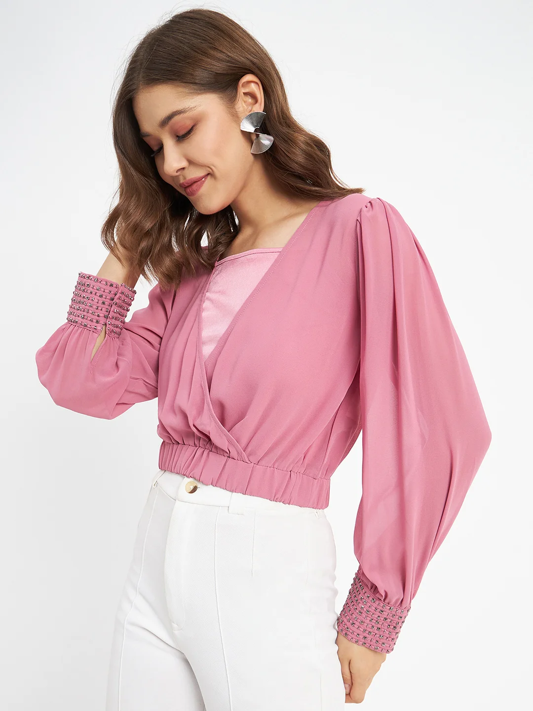 Madame Elasticated Hem Pink Wrap Crop Top - Image 5