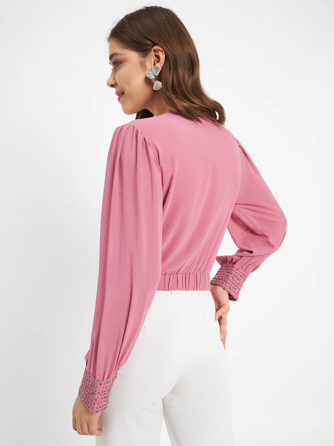 Madame Elasticated Hem Pink Wrap Crop Top - Image 6