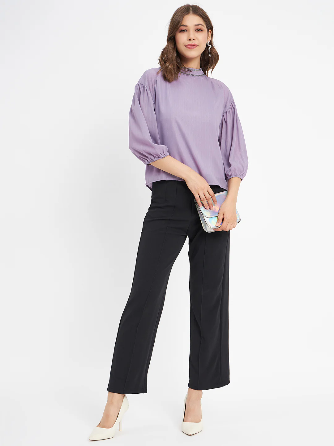 Madame Embellished Neckline Turtle Neck Solid Mauve Top - Image 2