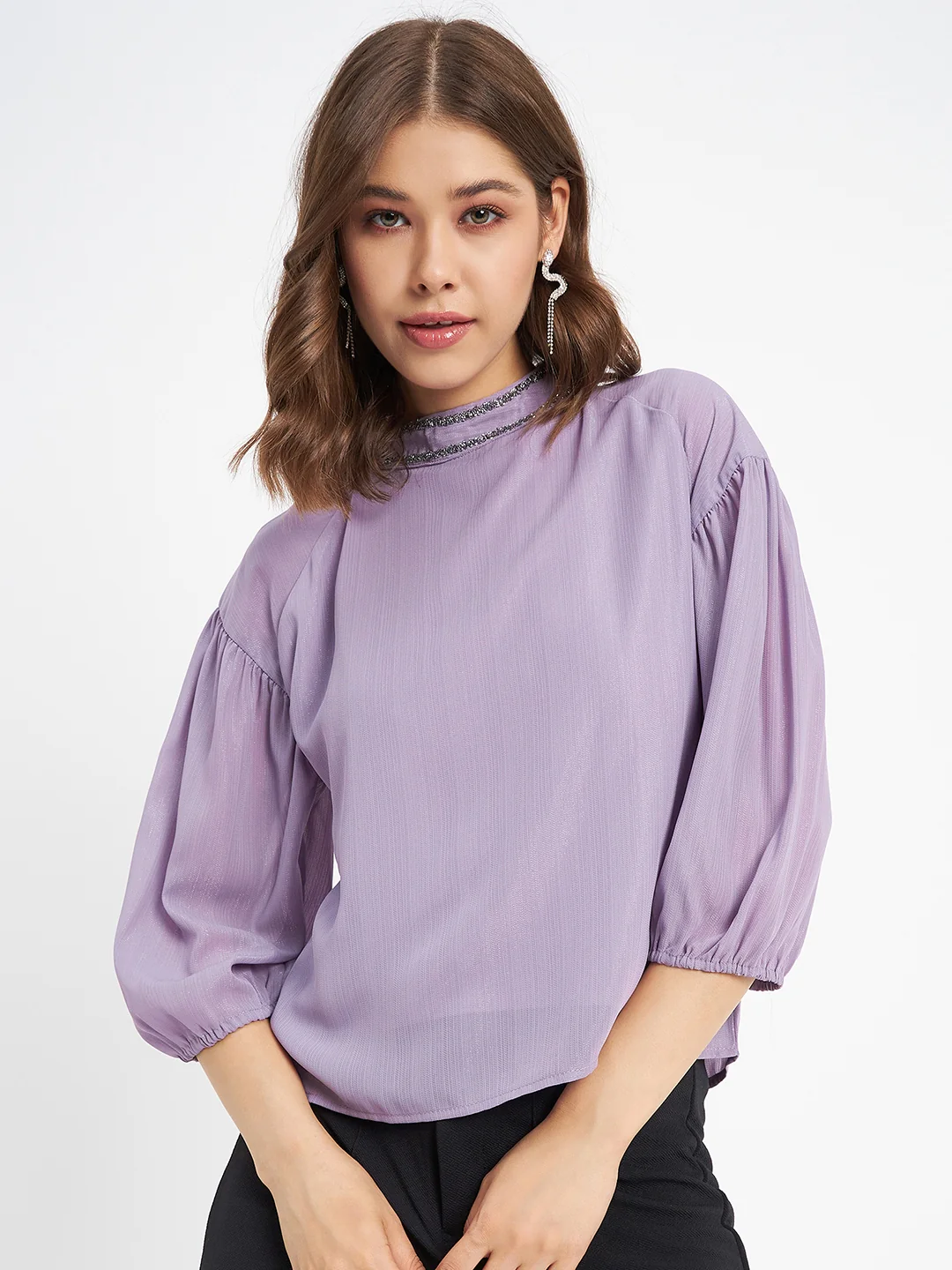 Madame Embellished Neckline Turtle Neck Solid Mauve Top - Image 3