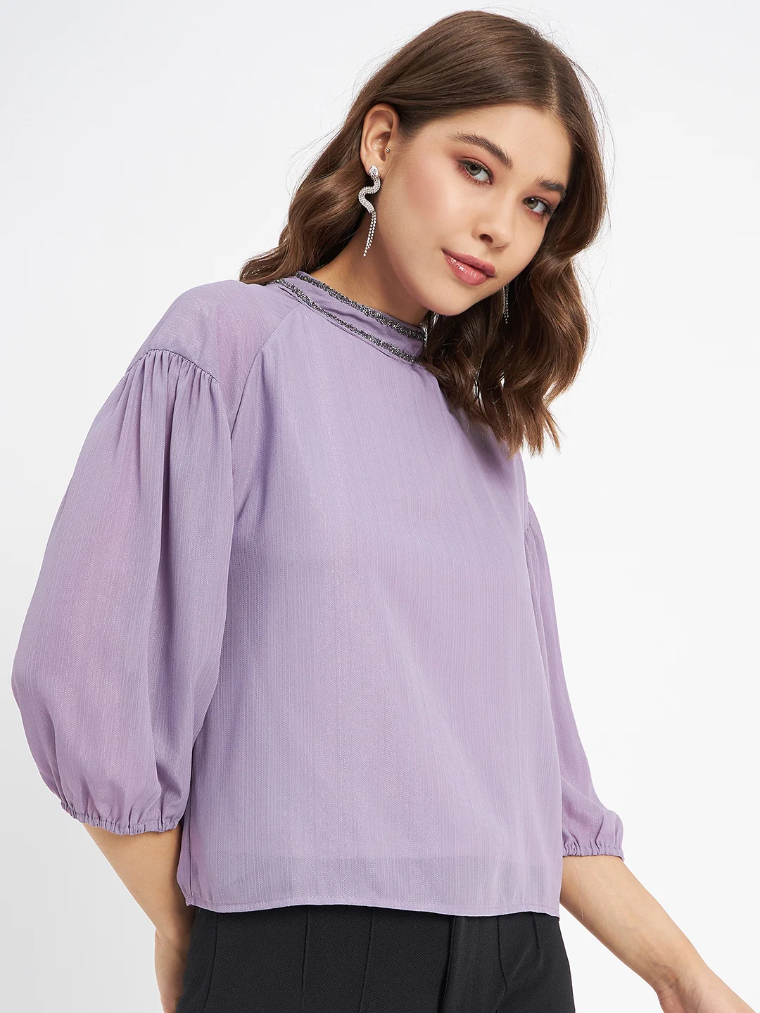 Madame Embellished Neckline Turtle Neck Solid Mauve Top - Image 4