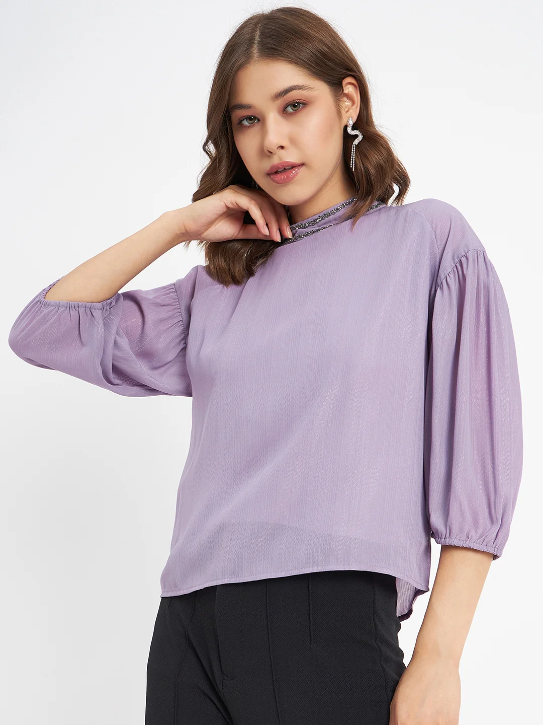 Madame Embellished Neckline Turtle Neck Solid Mauve Top - Image 5