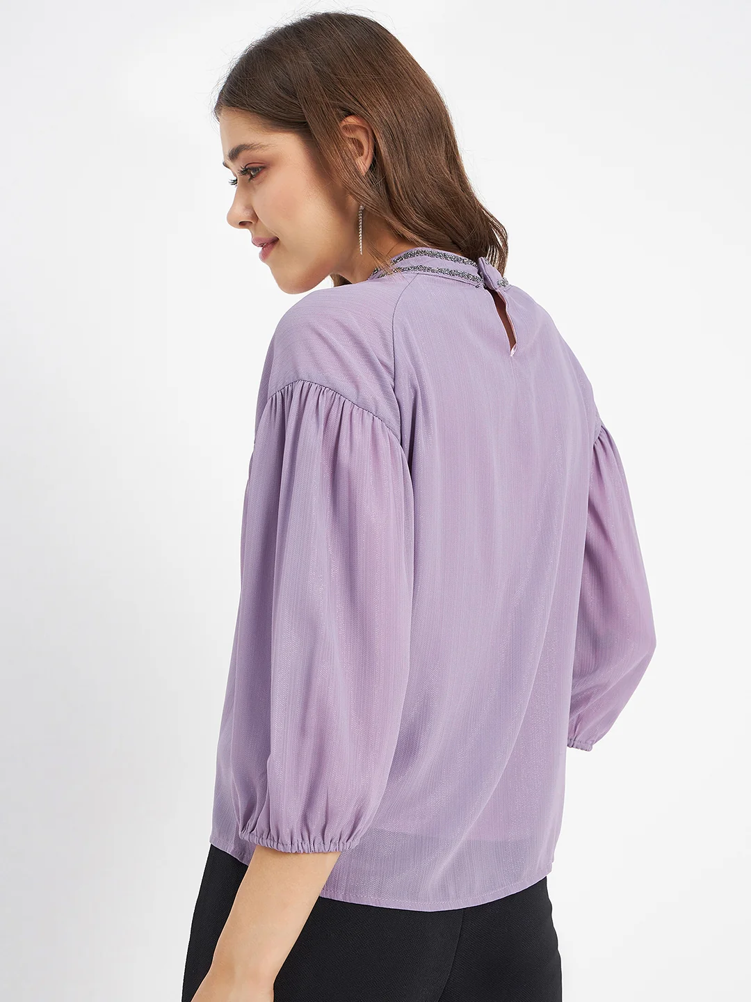 Madame Embellished Neckline Turtle Neck Solid Mauve Top - Image 6