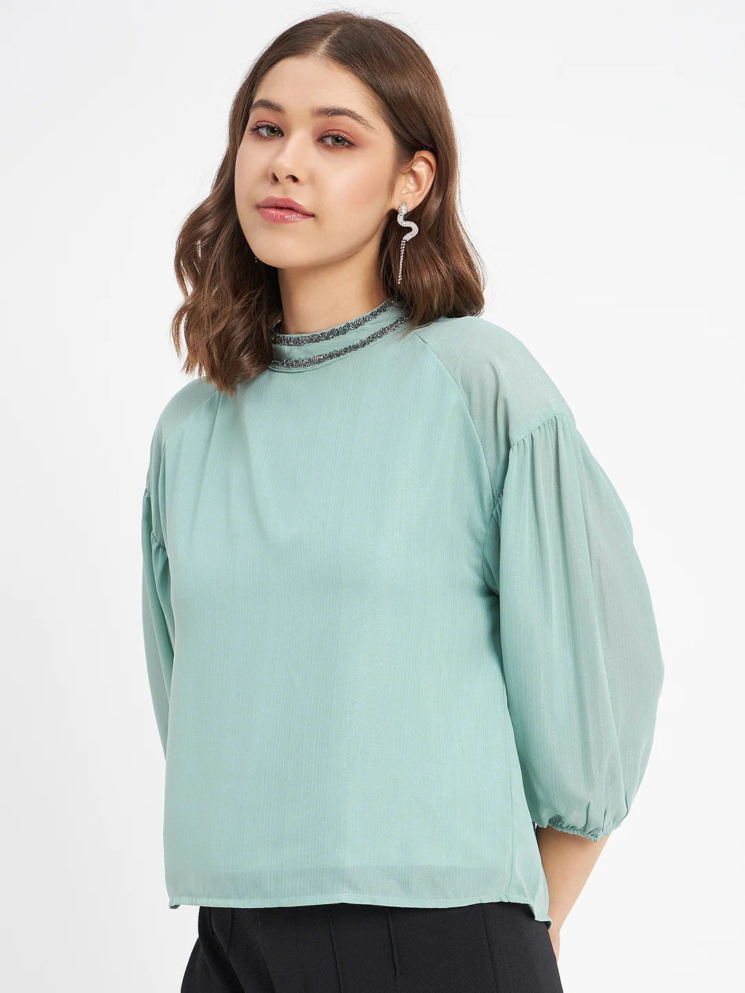 Madame Embellished Neckline Turtle Neck Solid Mint Green Top - Image 5