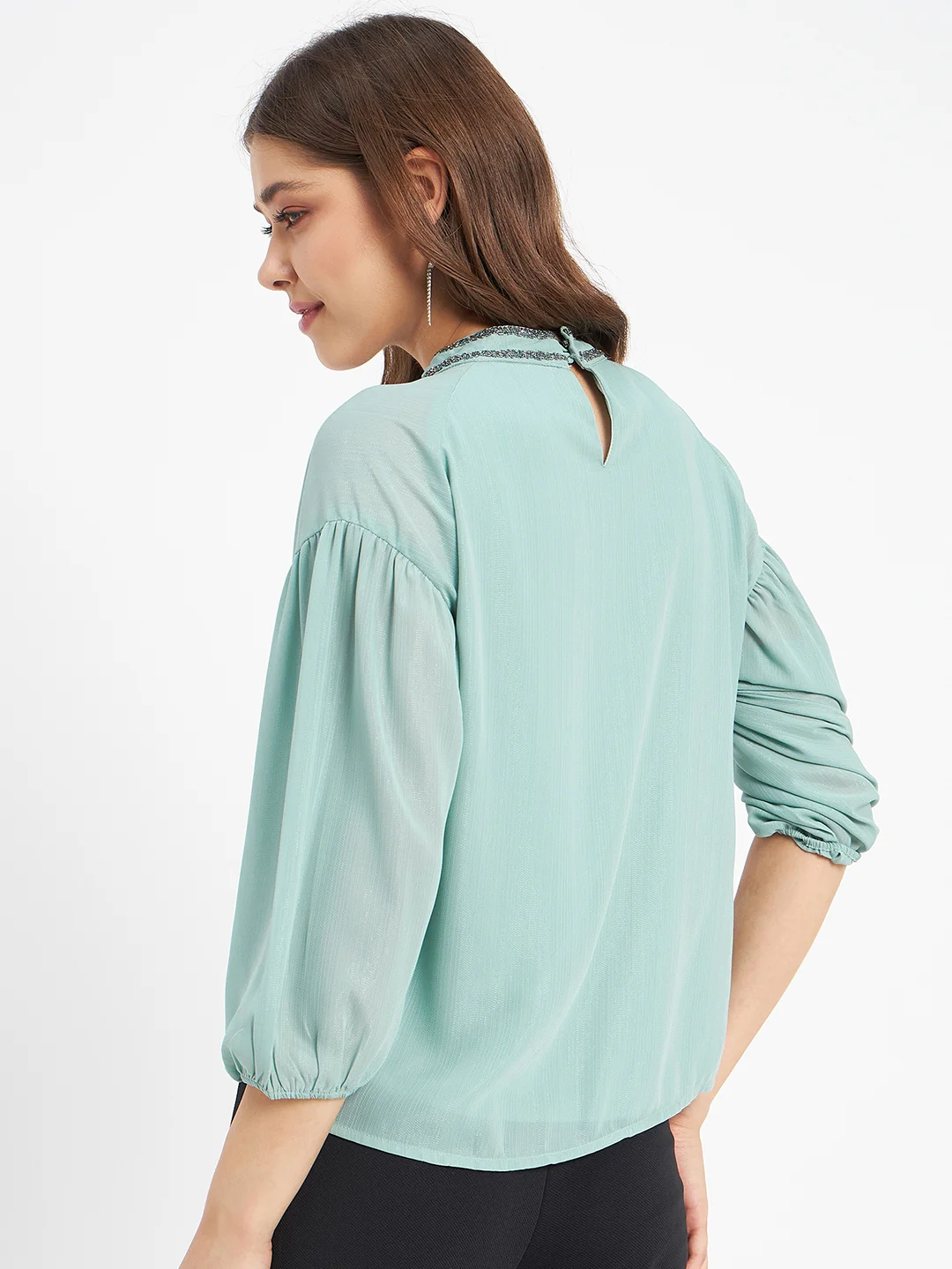 Madame Embellished Neckline Turtle Neck Solid Mint Green Top - Image 6