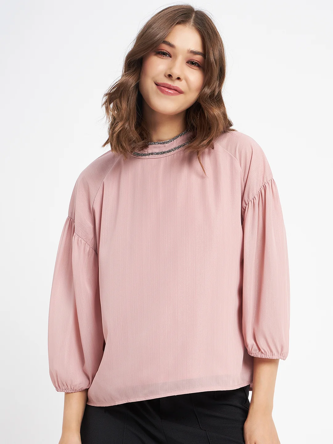 Madame Embellished Neckline Turtle Neck Solid Pink Top - Image 3