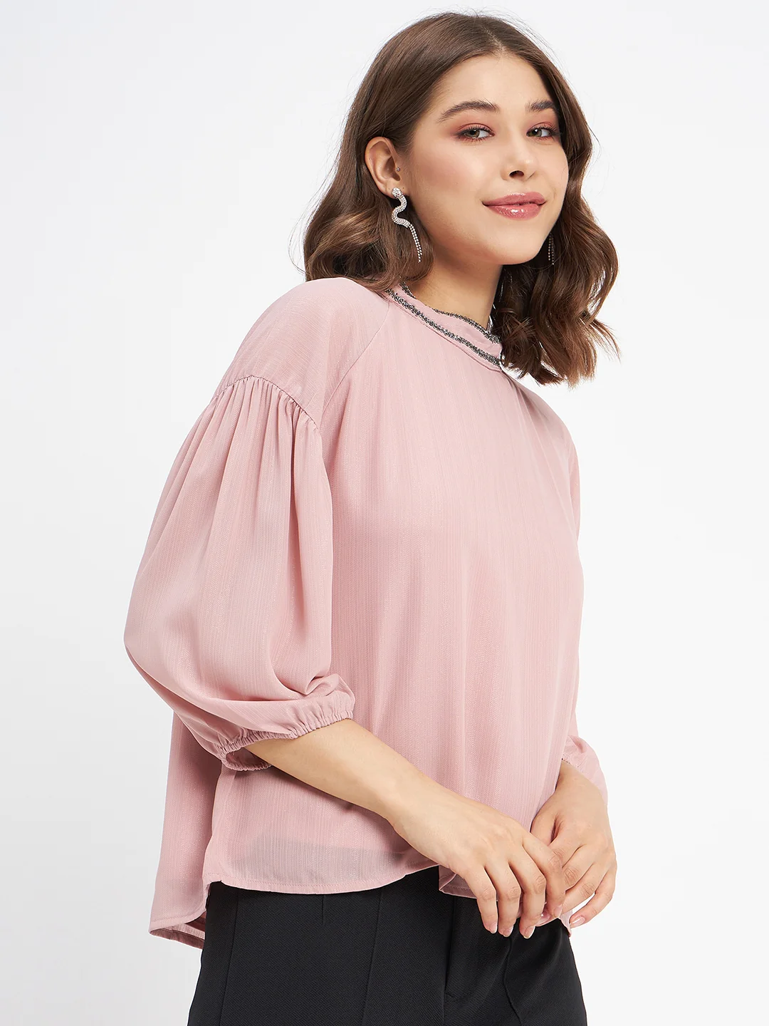 Madame Embellished Neckline Turtle Neck Solid Pink Top - Image 4
