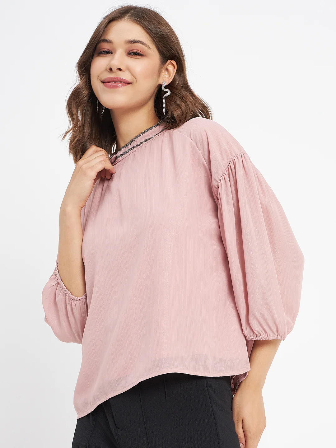 Madame Embellished Neckline Turtle Neck Solid Pink Top - Image 5