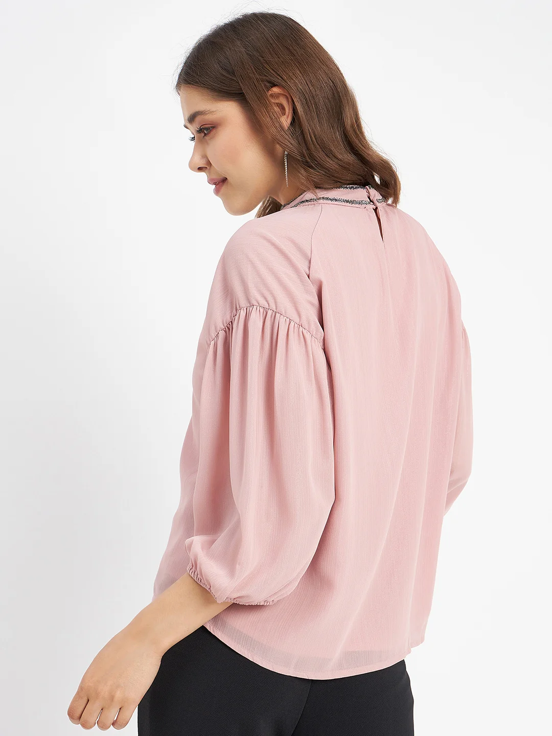 Madame Embellished Neckline Turtle Neck Solid Pink Top - Image 6